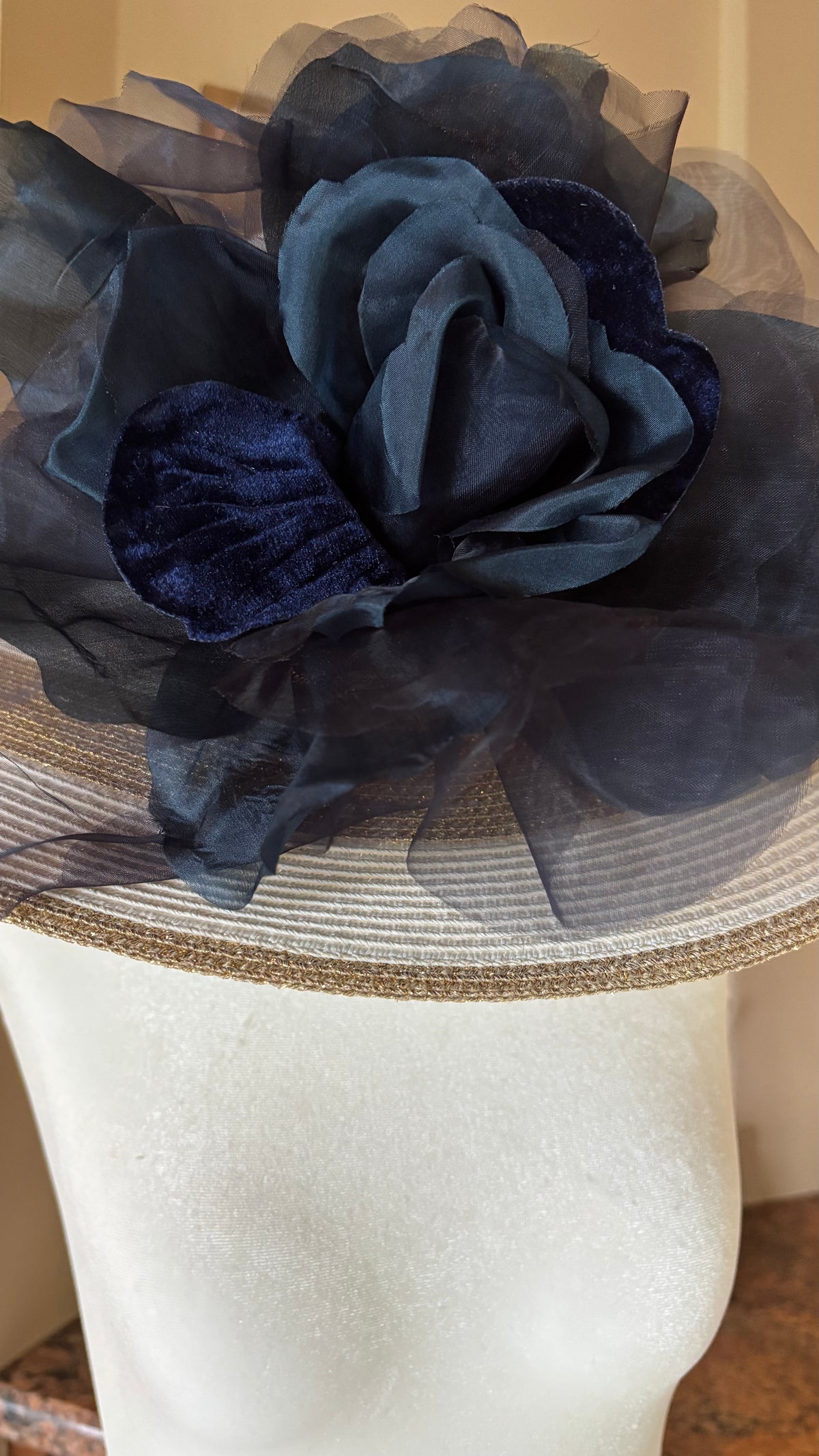Ariana Navy Silk & Velvet Organza Rose Pin & Clip, 10"