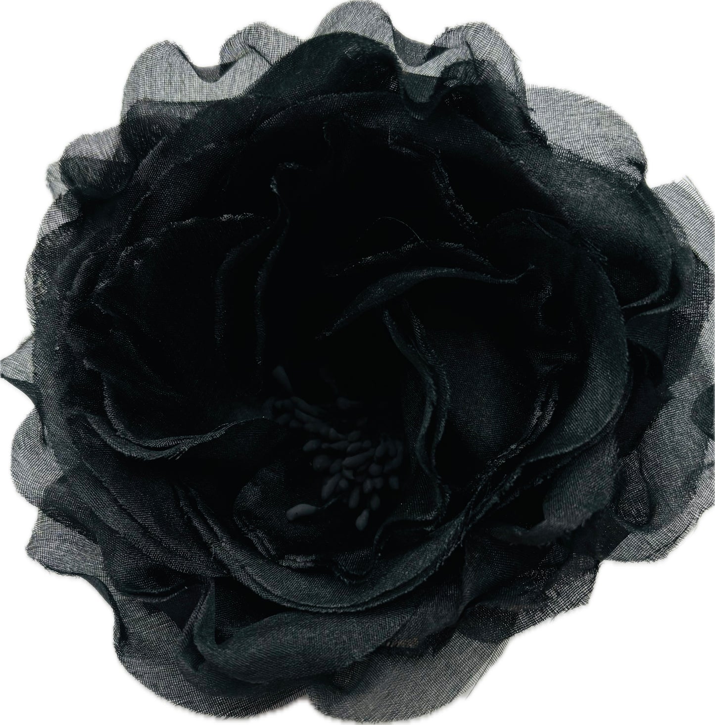 Desiree Black Silk Chiffon Layered Rose Pin & Clip, 4"