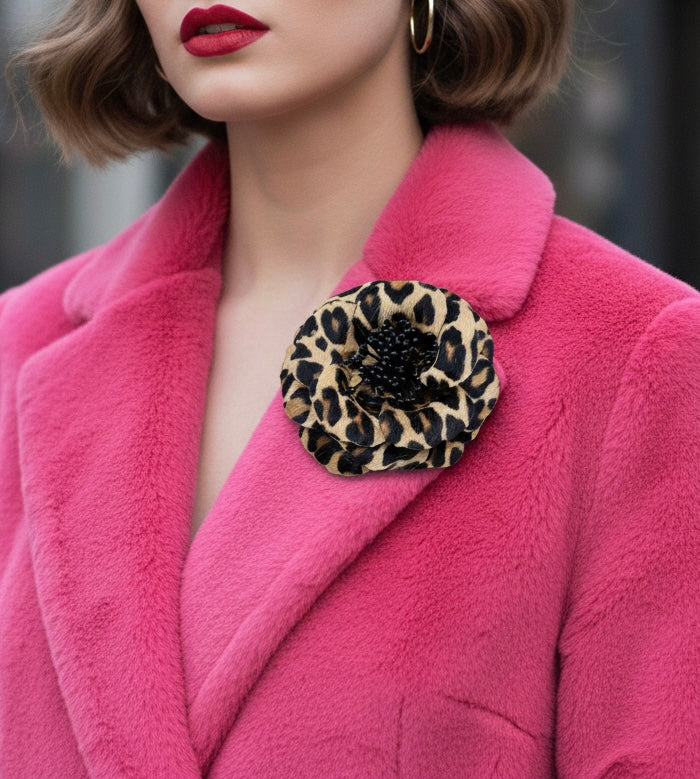 “Samantha” Real Leather Faux Leopard Print Rose Brooch & Clip. Made in the USA with Love