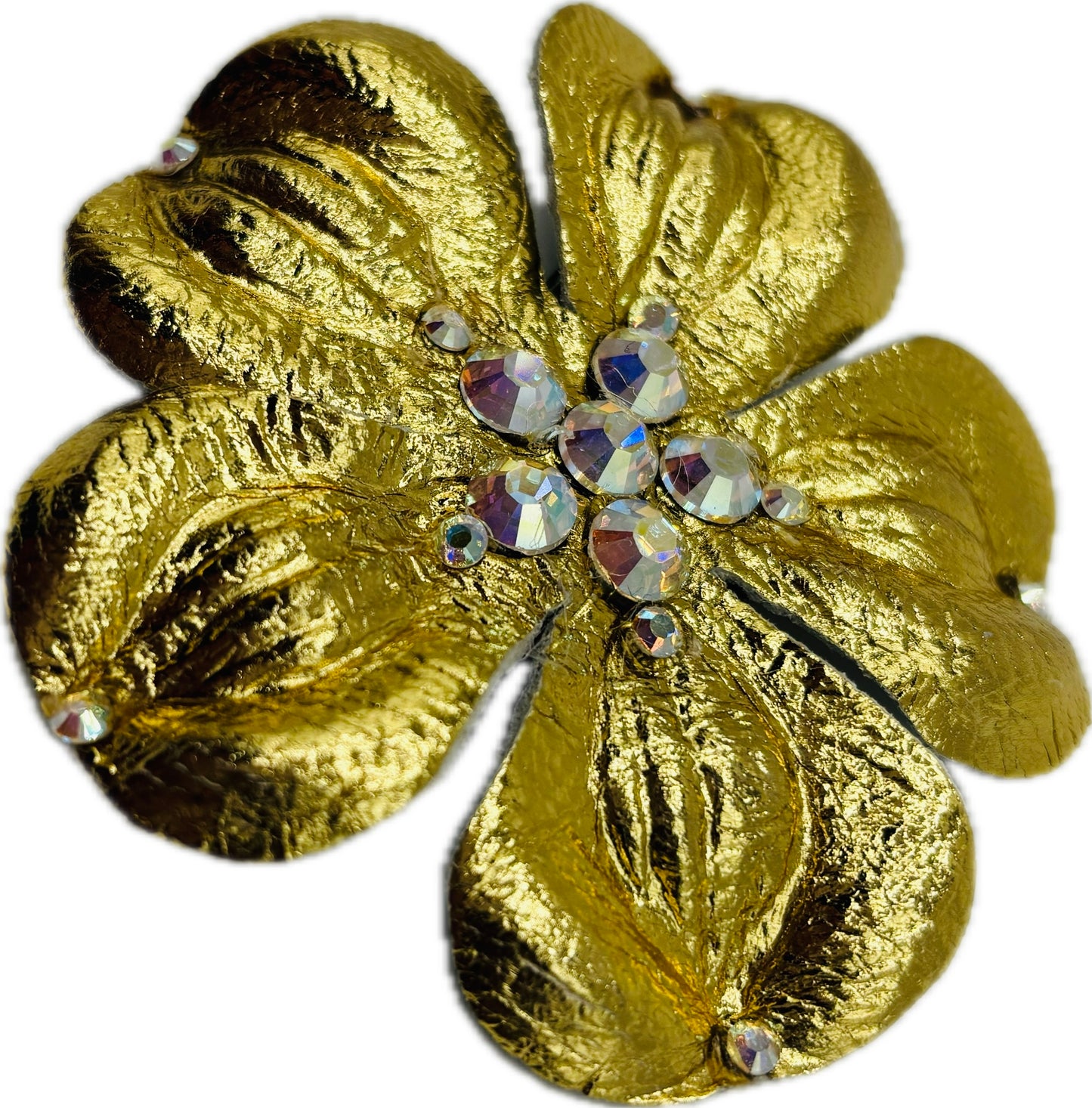 Nicole Gold Metallic Leather & Crystal Flower Pin & Clip, 2.5"
