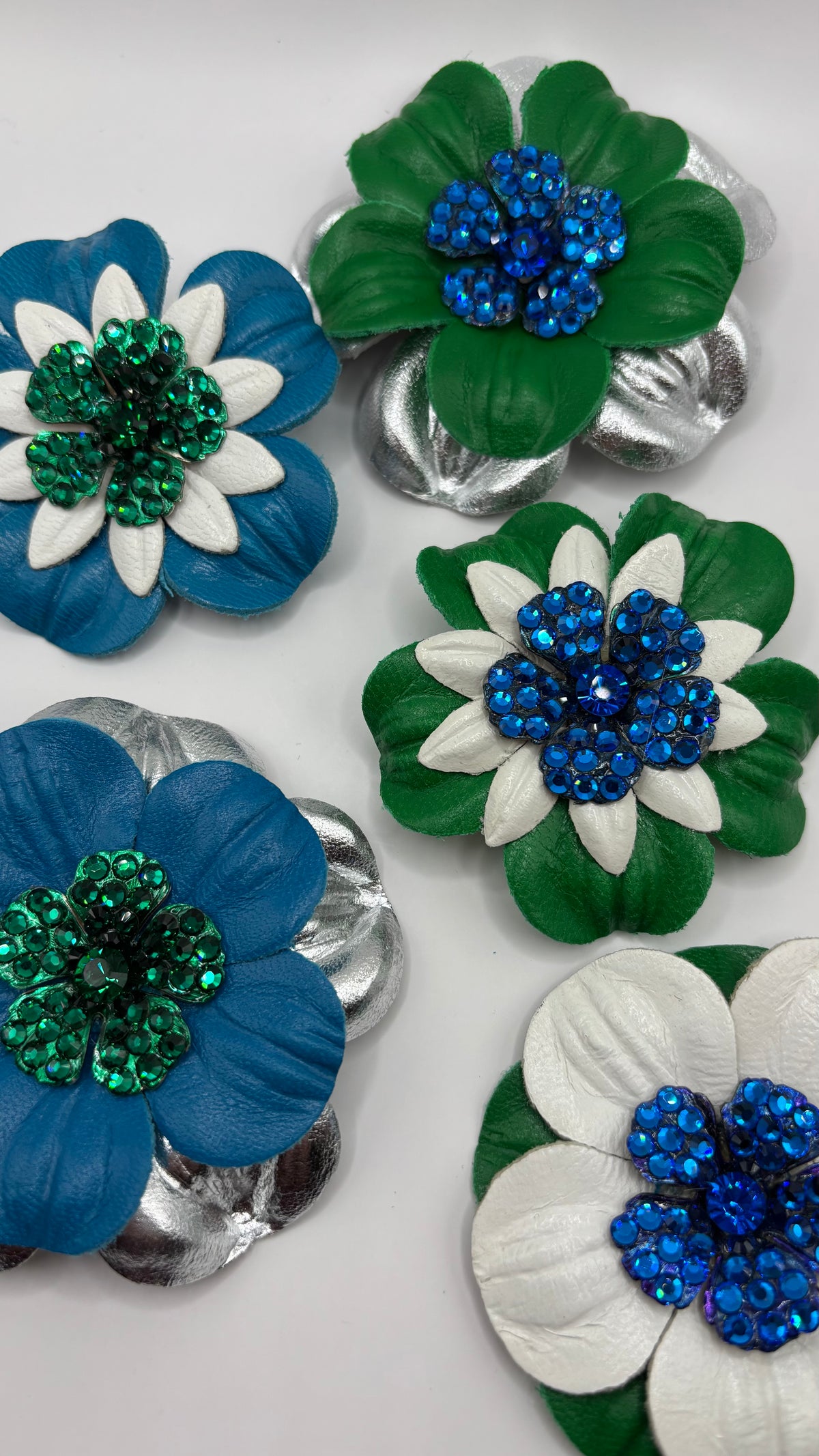 Seahawks White & Blue Petite Leather Crystal Flower Pin & Clip – No. 2