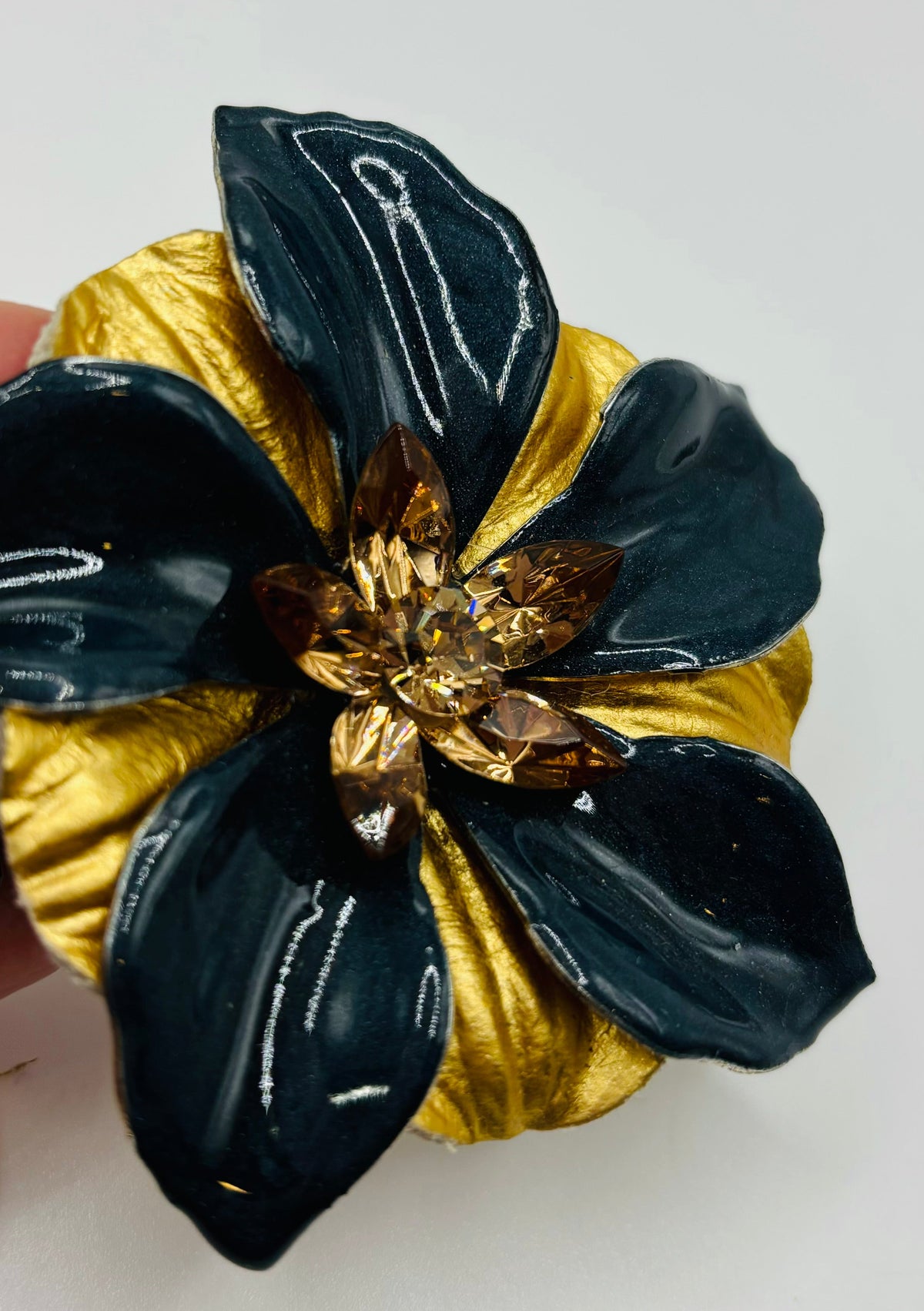 Leigh Navy & Gold Enamel, Leather & Crystal Brooch & Clip, 2.5"