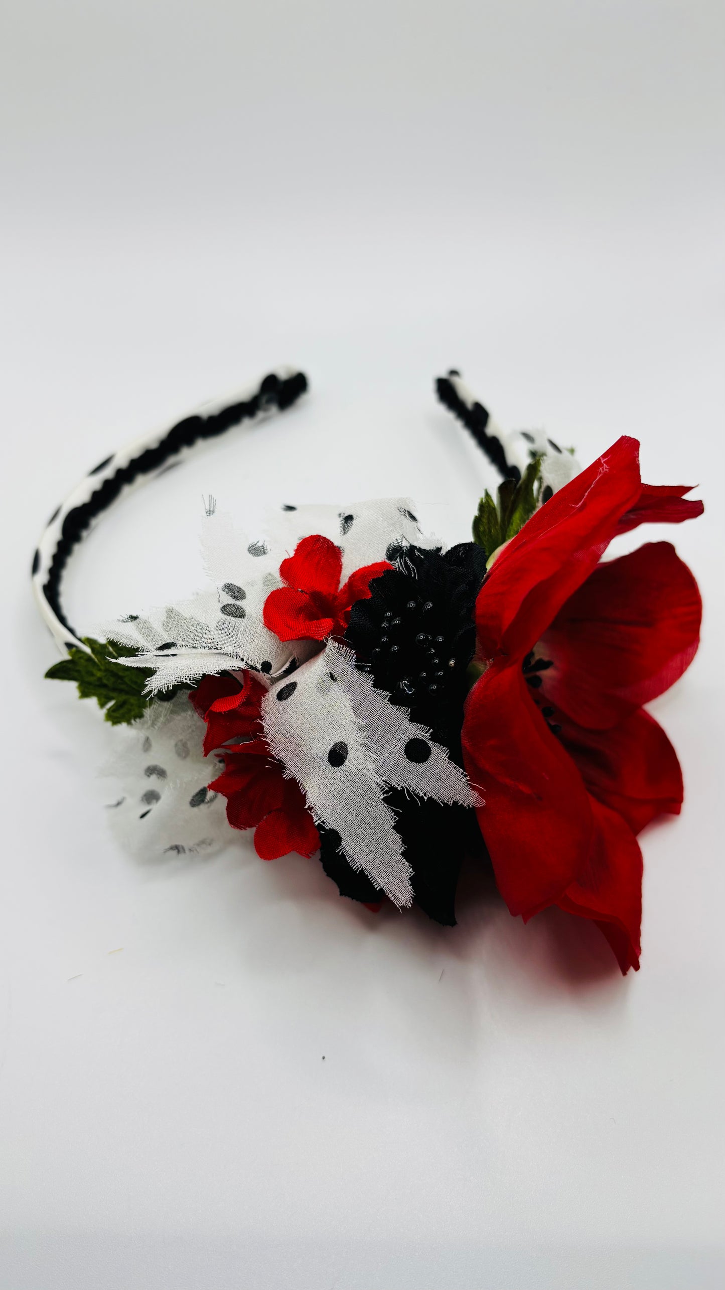 Vintage Poppy One-of-a-Kind Black & White Silk Headband, 3/8"