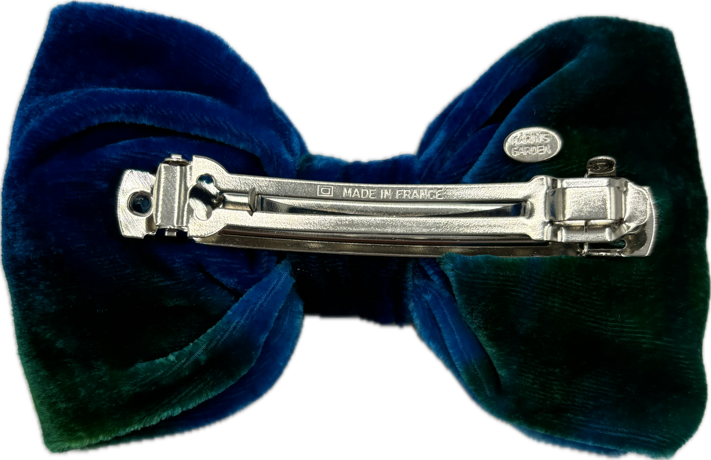 Karin’s Garden Velvet Silk Bow French Barrette. Made in the USA. Fabric from Germany.