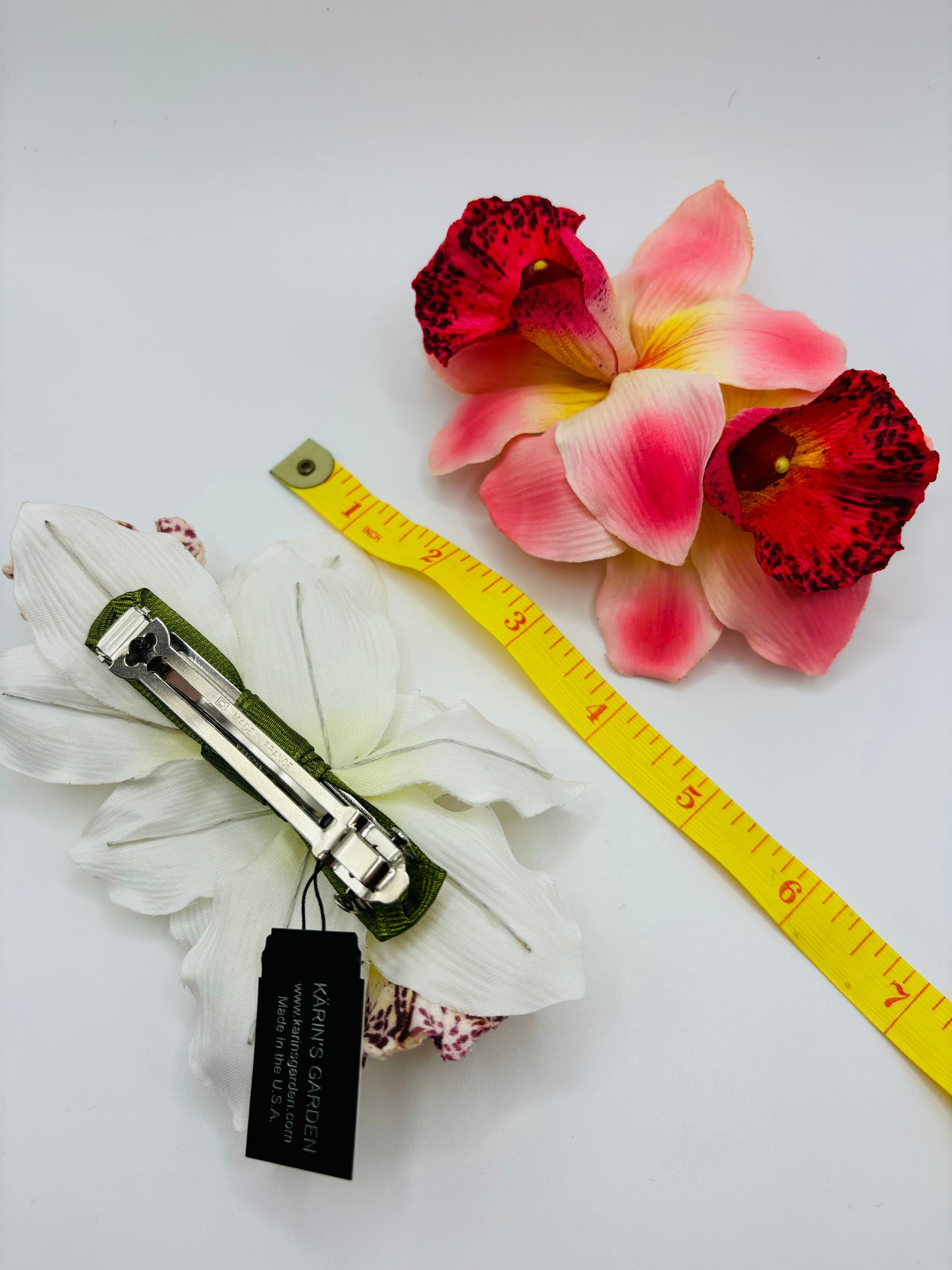 "Chloe" Vanda Orchid in Chartreuse French Metal Hair Barrette - Lifelike Orchids - Bendable Petals