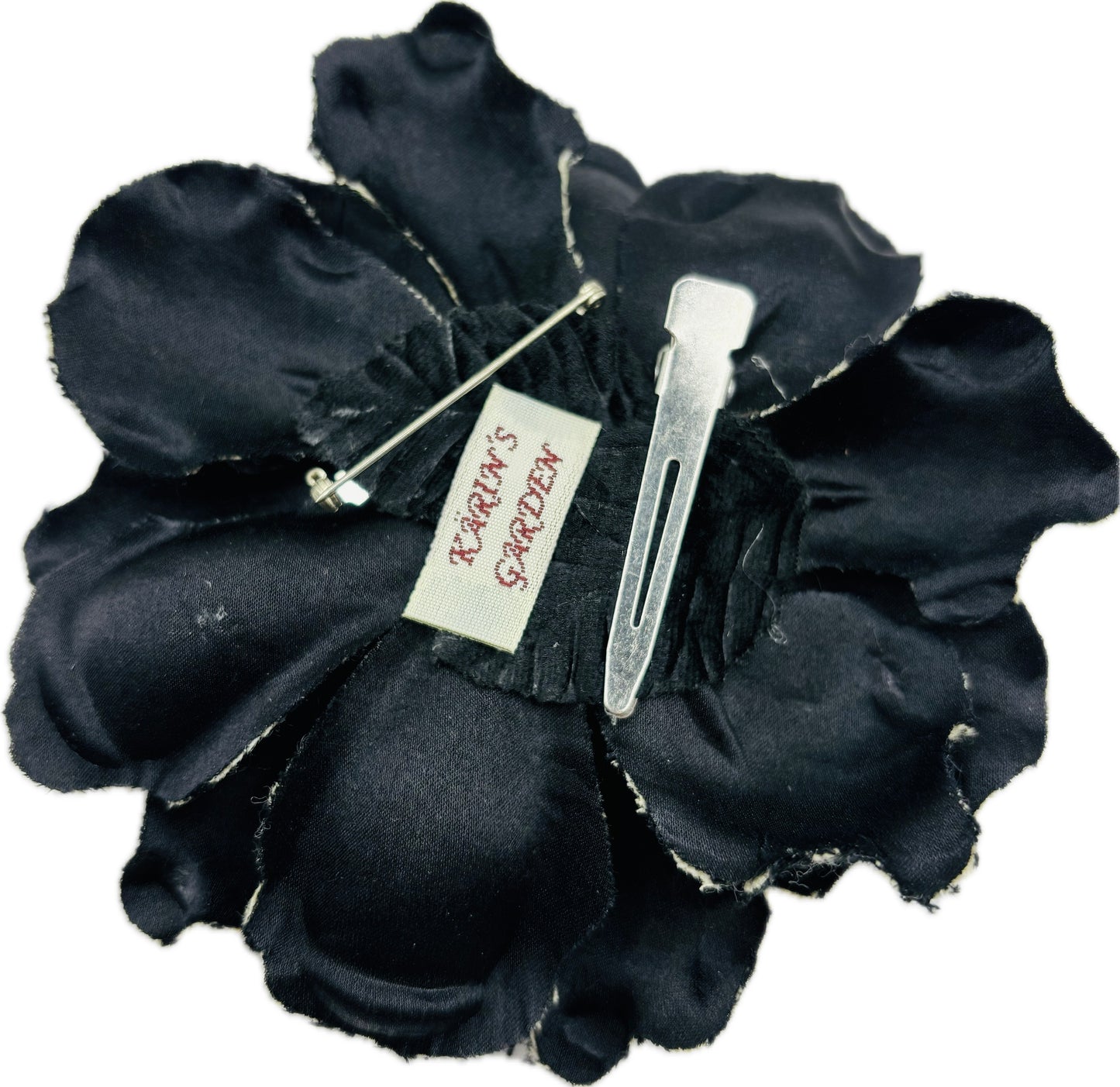 "Elspeth" Black & White 4" Wool Plaid Classic Gardenia Brooch & Clip Duo. 100% Wool. Made with Love in the USA.