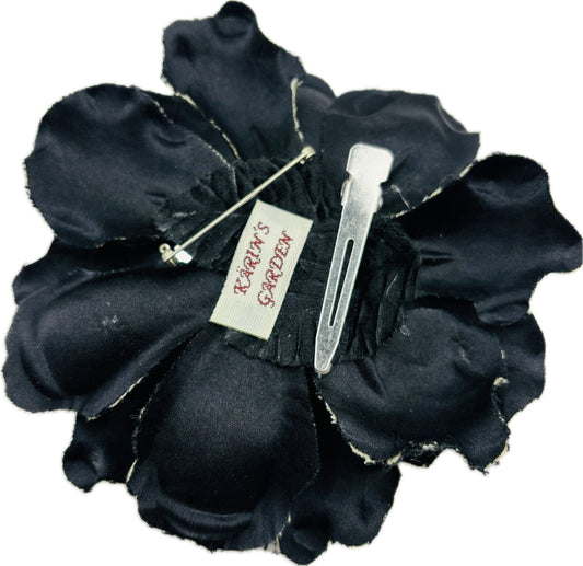 Elspeth Black & White Wool Plaid Gardenia Brooch & Clip, 4"
