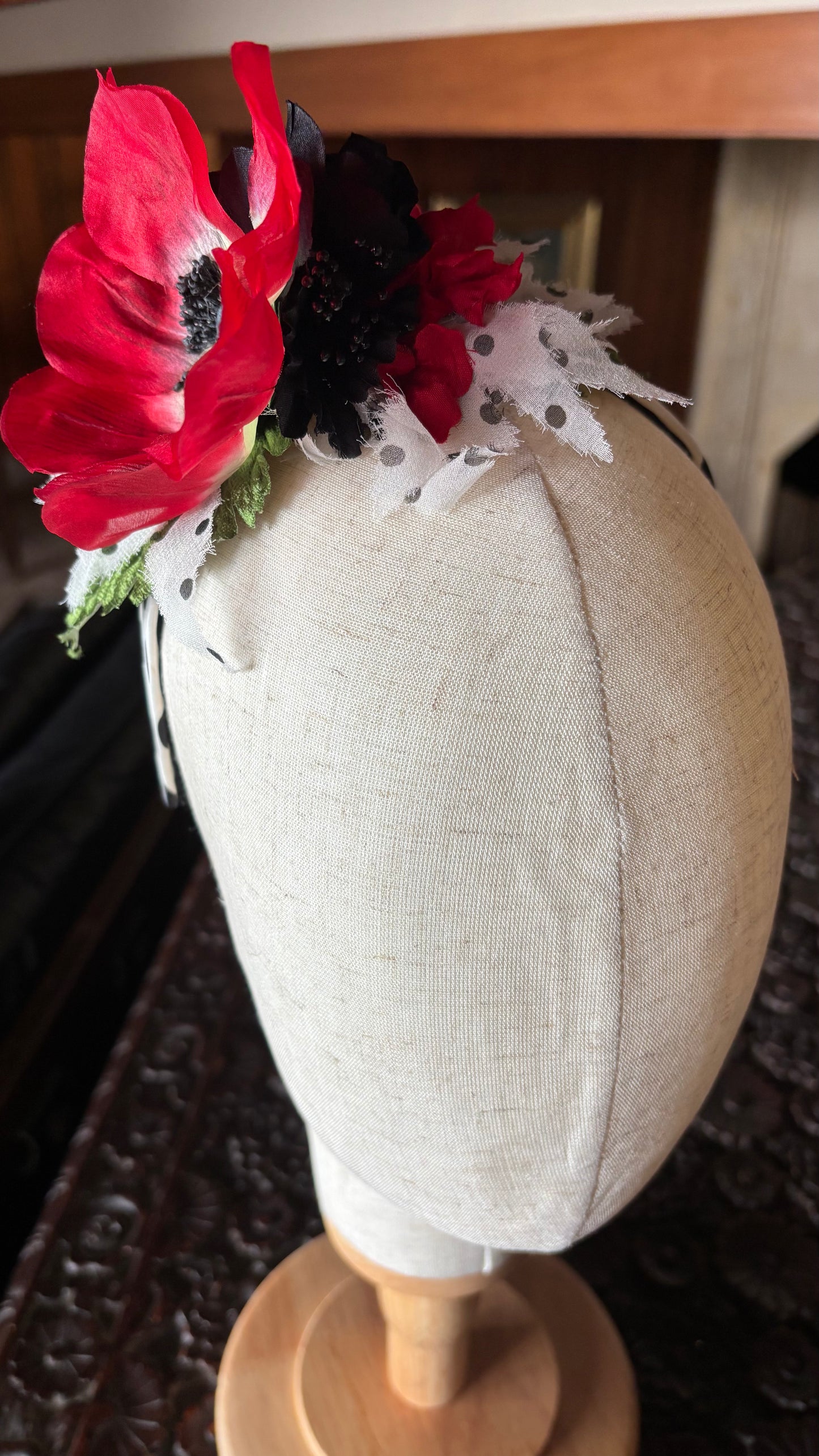 Vintage Poppy One-of-a-Kind Black & White Silk Headband, 3/8"