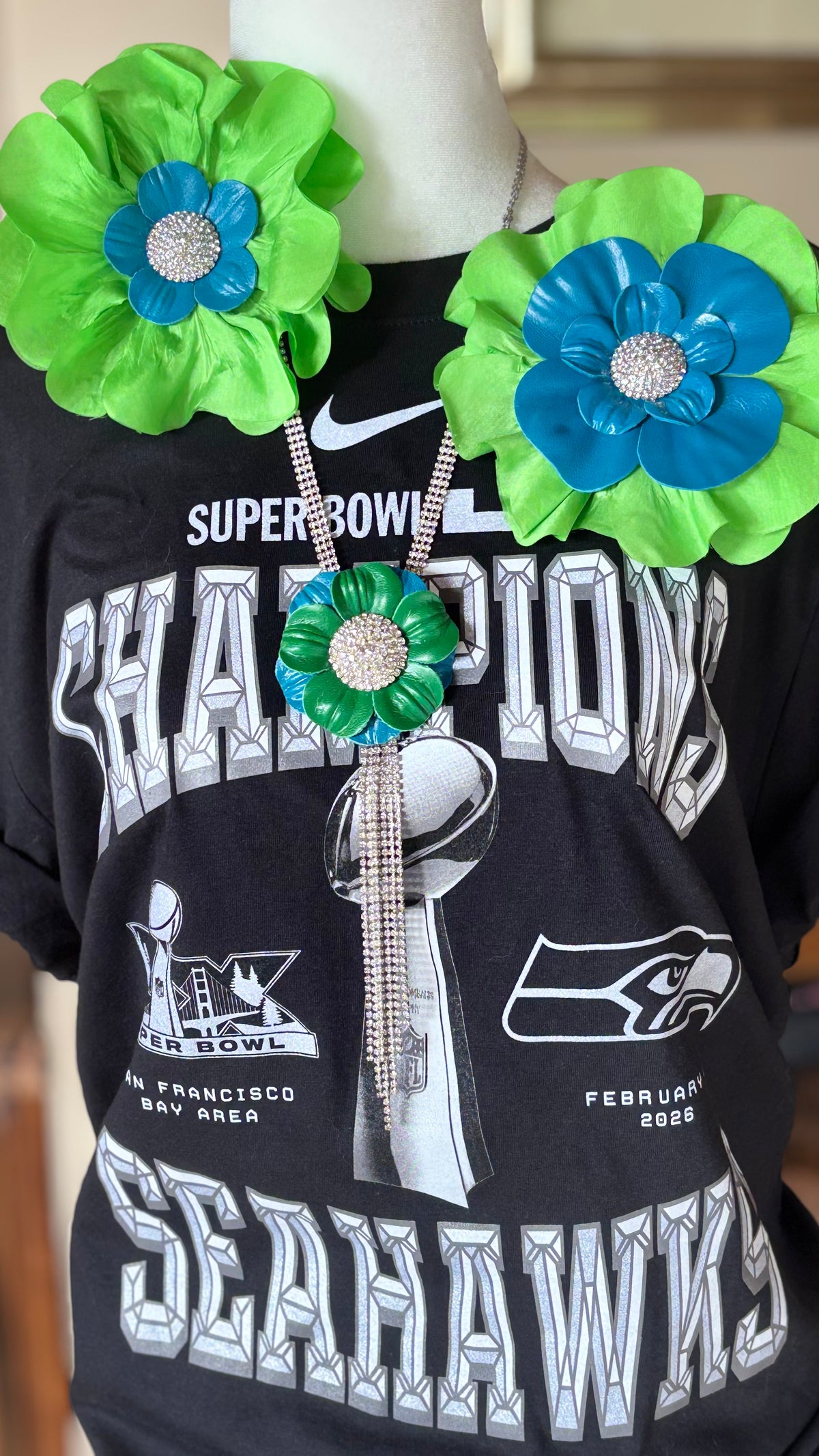 Seahawks Lime Silk & Blue Leather Poppy Crystal Brooch & Clip