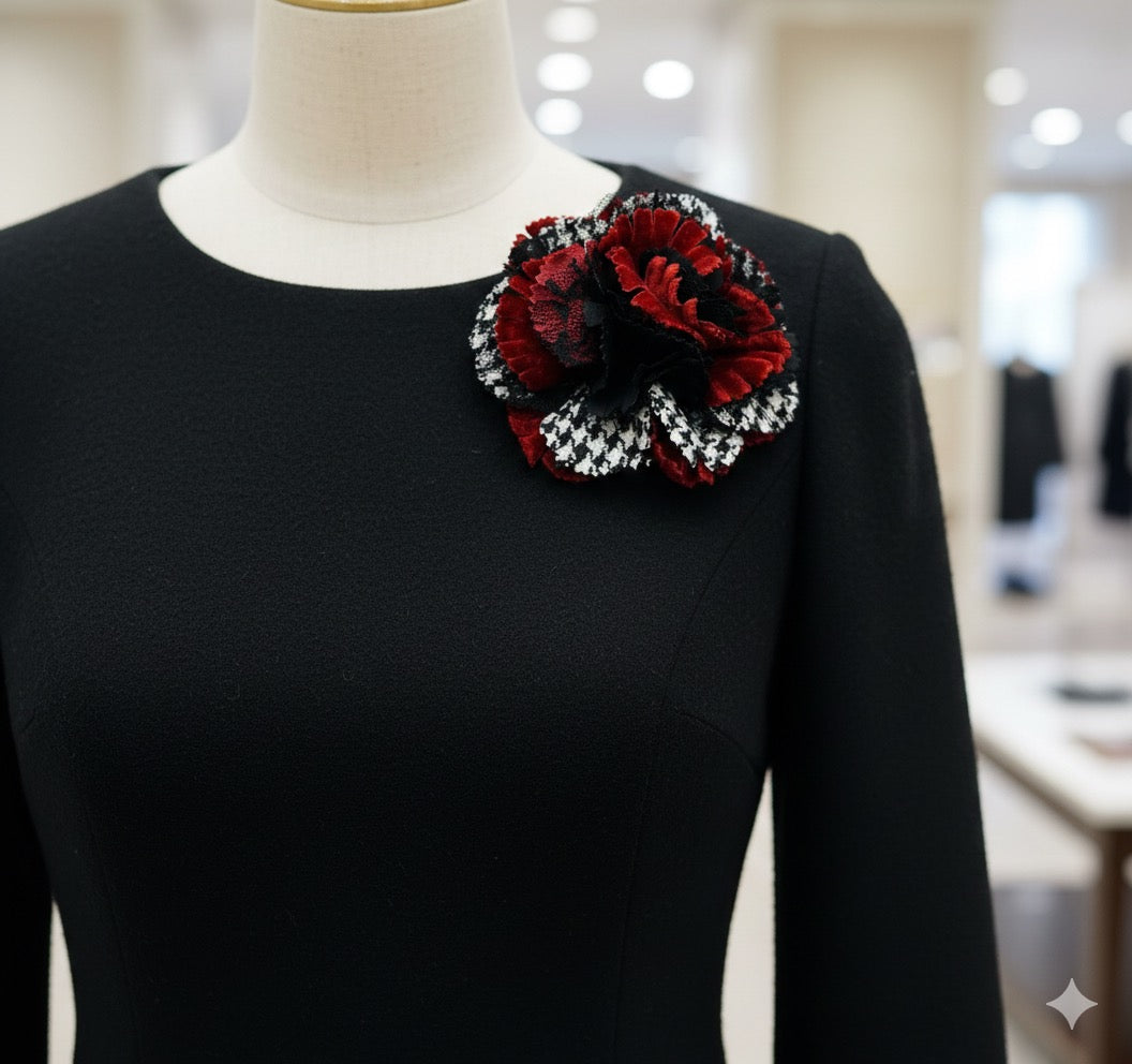 Brooke Red, White & Black Houndstooth & Lace Flower Pin & Clip, 3"