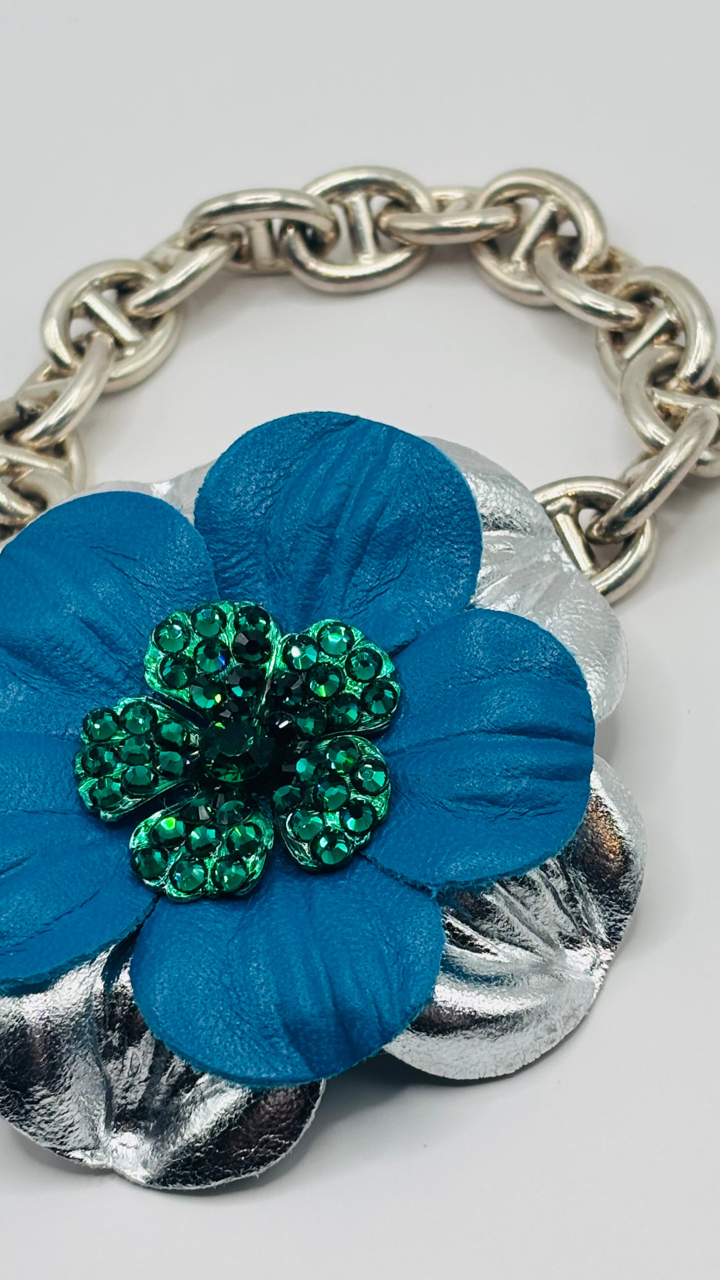 "Seahawks" Glam Leather Crystal Daisy Pin & Clip 2 1/2". Crystal Center. Green with Blue Center. Made in Seattle with Love