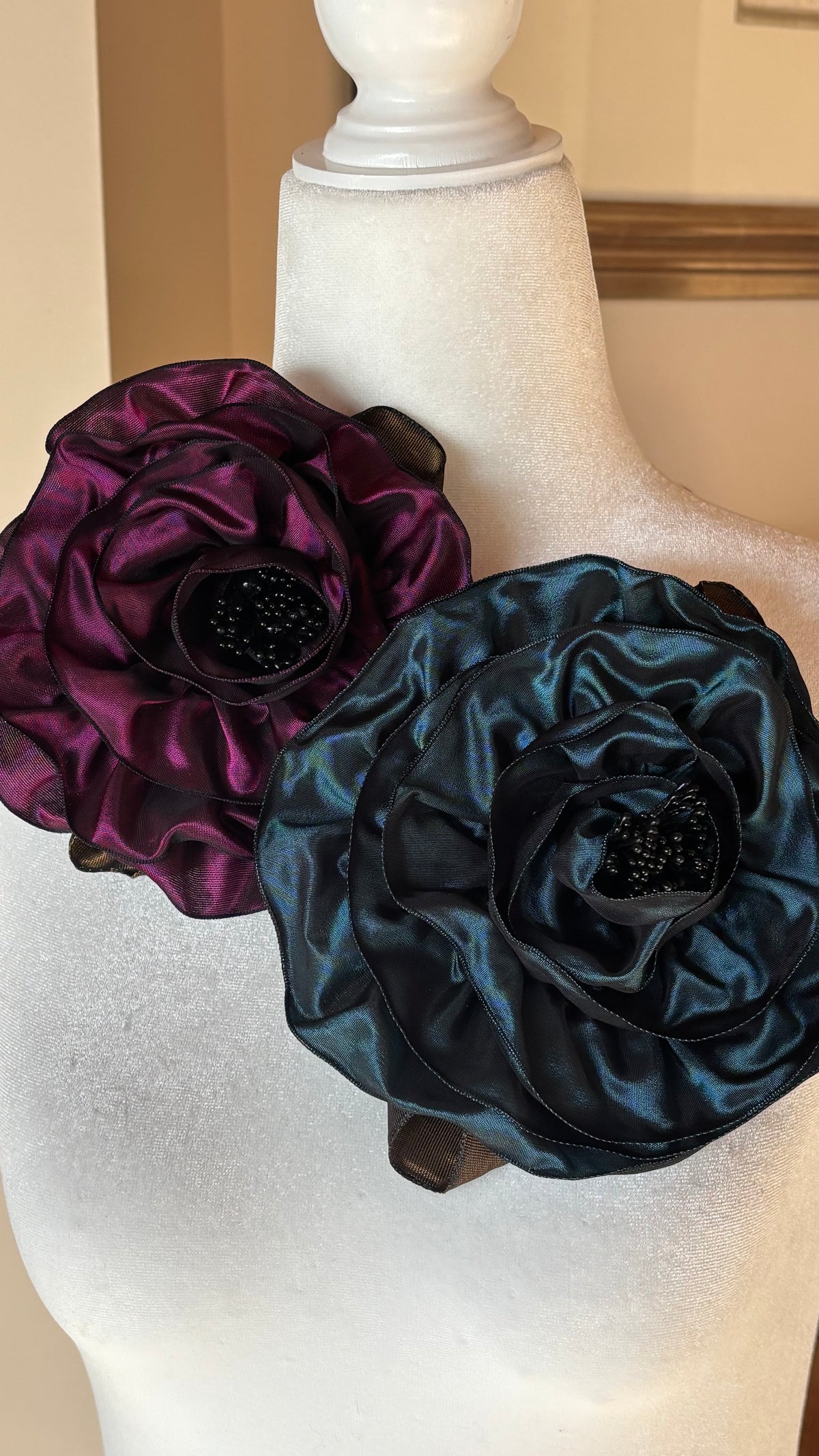 “Rosette” Brooch & Clip in Plum. Pin or Clip to dresses, lapels, handbag or hat. Made in the USA. You can reshape the flower and leaves.