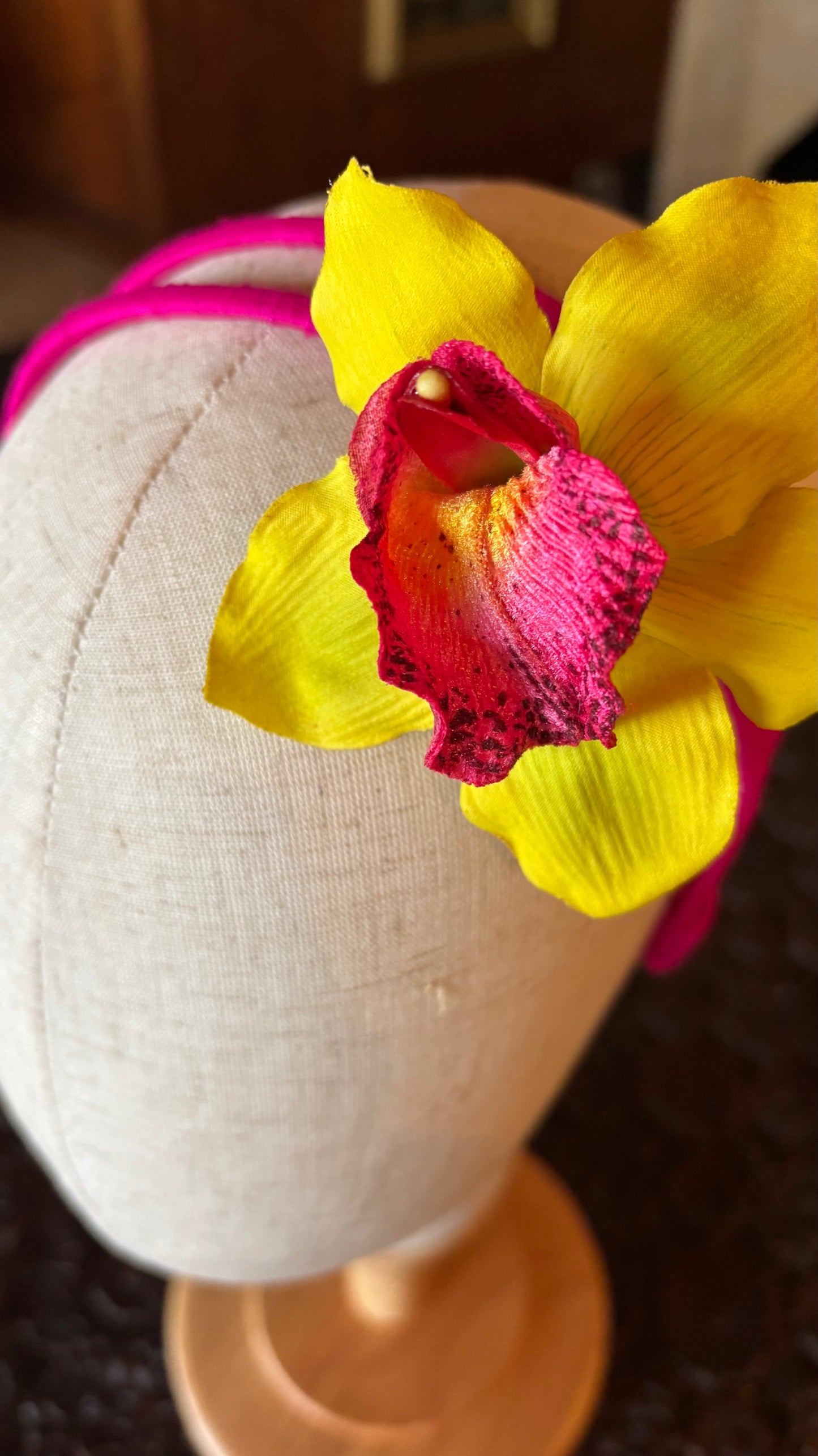 Chloe Fuchsia Silk Double Skinny Headband with Vanda Orchid