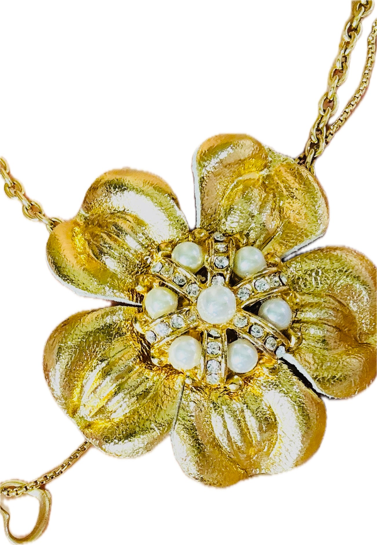 Hepburn Gold Leather Flower with Pearls Pin & Clip, 2.5"