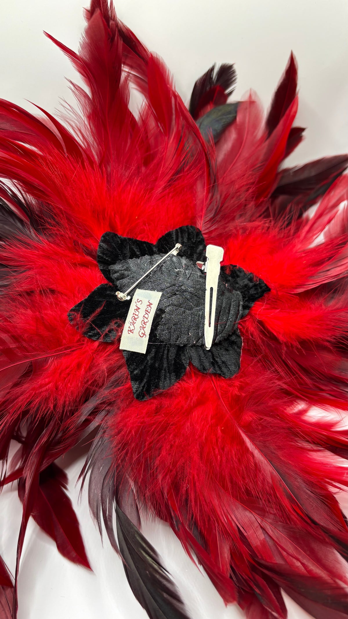 Abracadabra Red & Black Feather Brooch & Clip, 12"