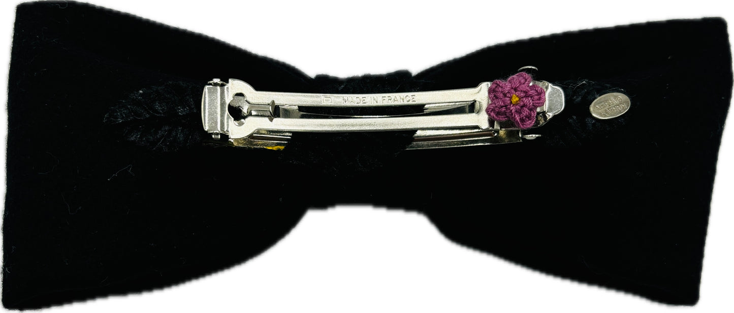 5th Ave Mia Black Bow Barrette with Leather Camellia