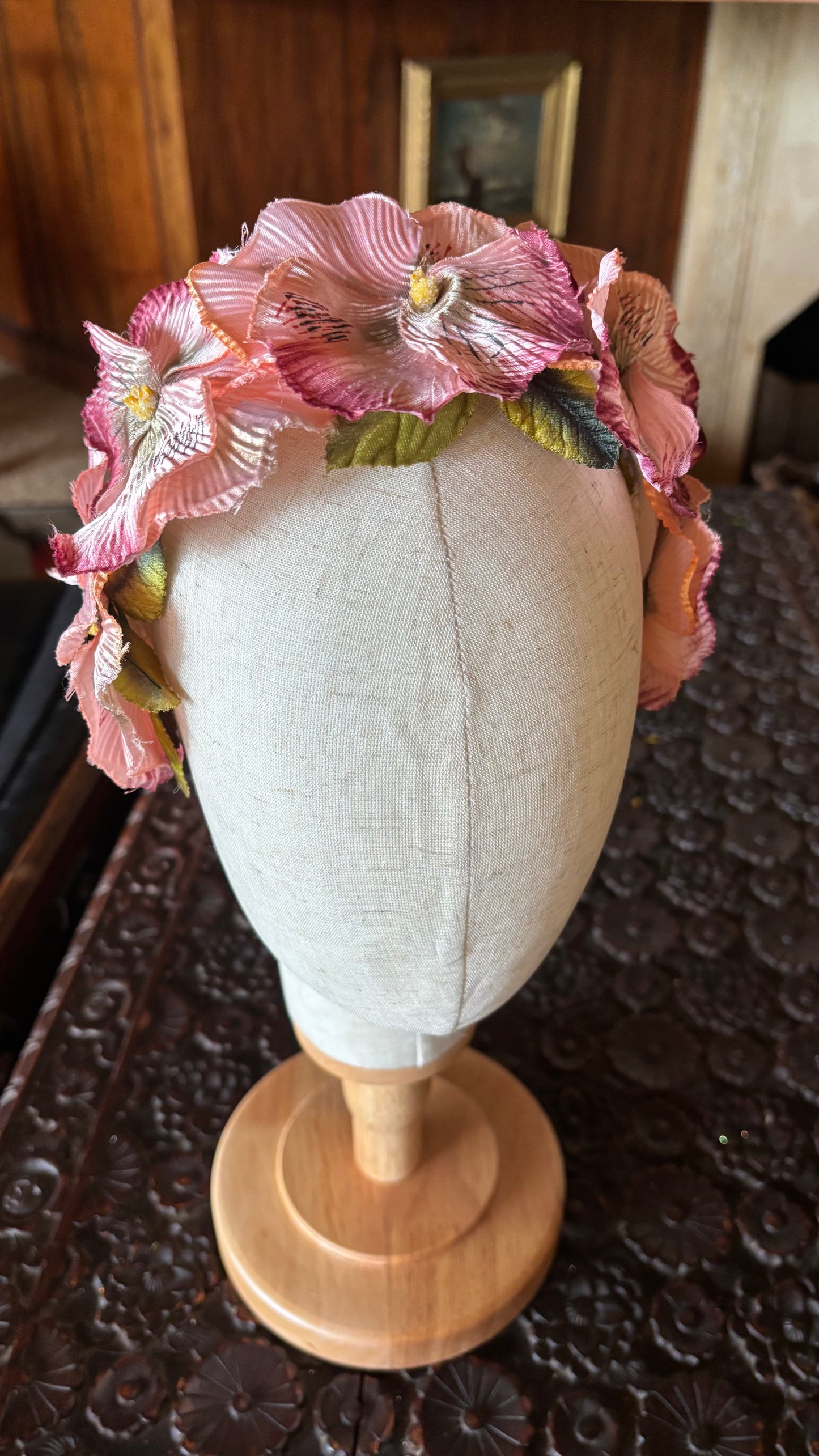 Karin's Garden "Dakota" Classic Life Like Pansy & Velvet Leaves Headband. 1" Comfort Fit Headband. Handmade in the USA.