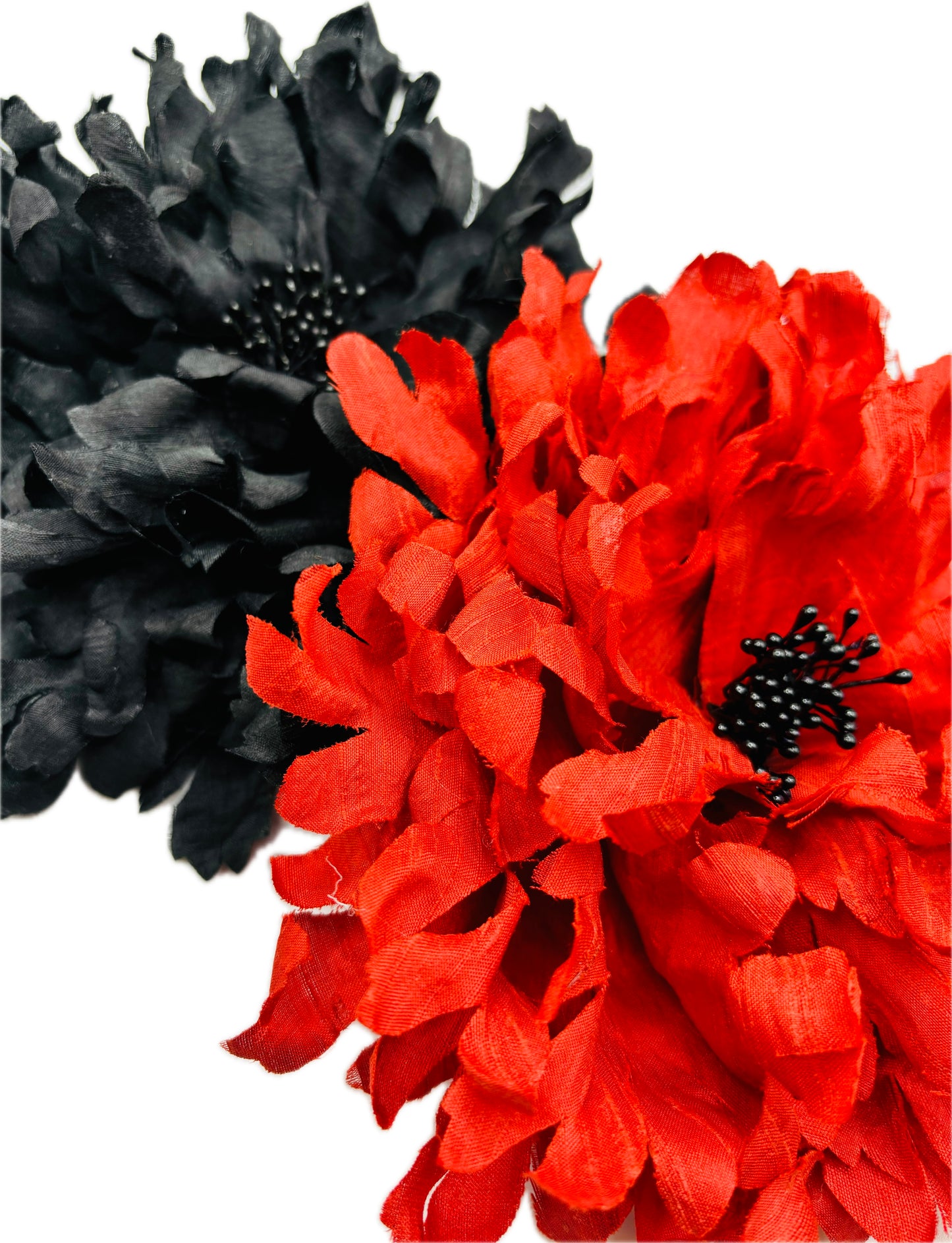 Karin’s Garden 8” Black Empress Flower Pin and Clip. Silk Dupioni, made in the USA. A special stunner statement accessory!