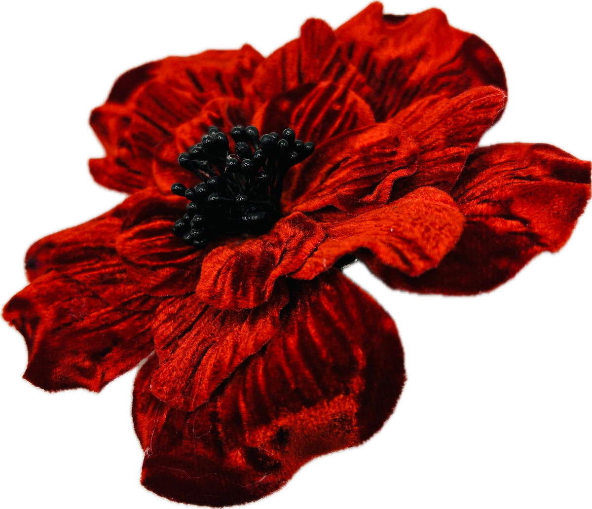 Burgundy Velvet Flower Pin & Clip with Black Seeds, 4"
