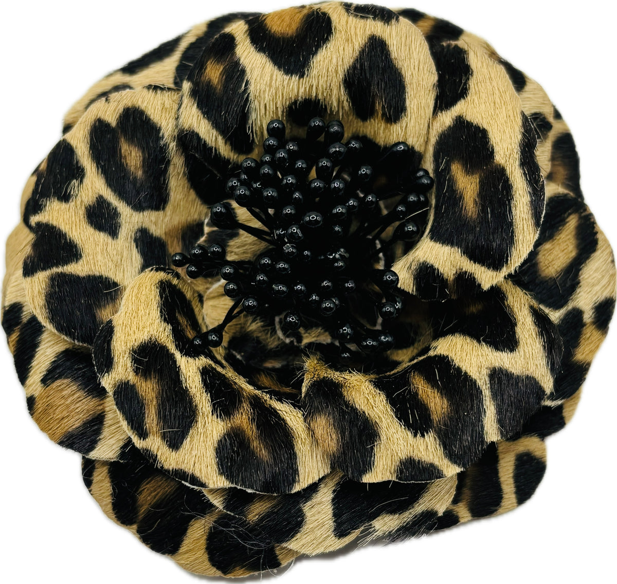 Samantha Leopard Print Leather Rose Brooch & Clip, 3"