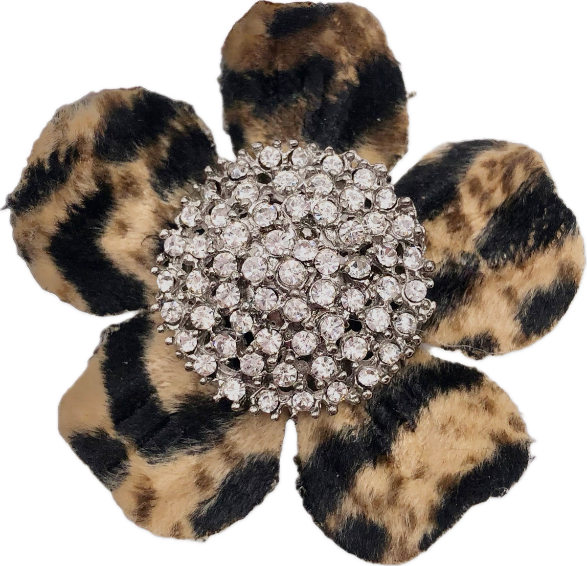 Faux Leopard Print Petite Flower Pin & Clip with Crystal Center, 2.25"