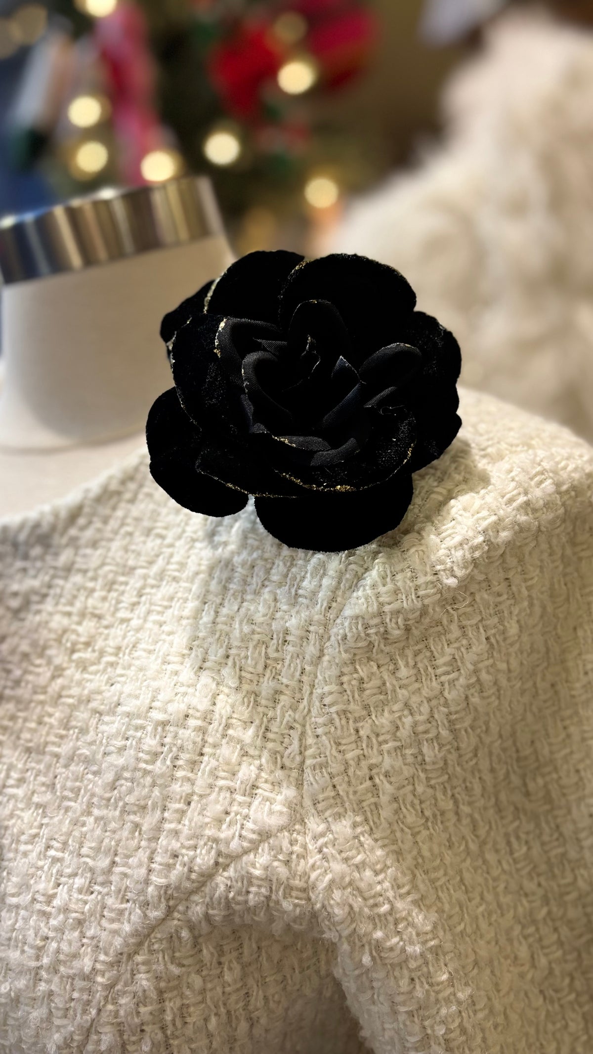 Mrs. Q Black & Gold Metallic Edge Velvet Rose Brooch & Clip, 3"