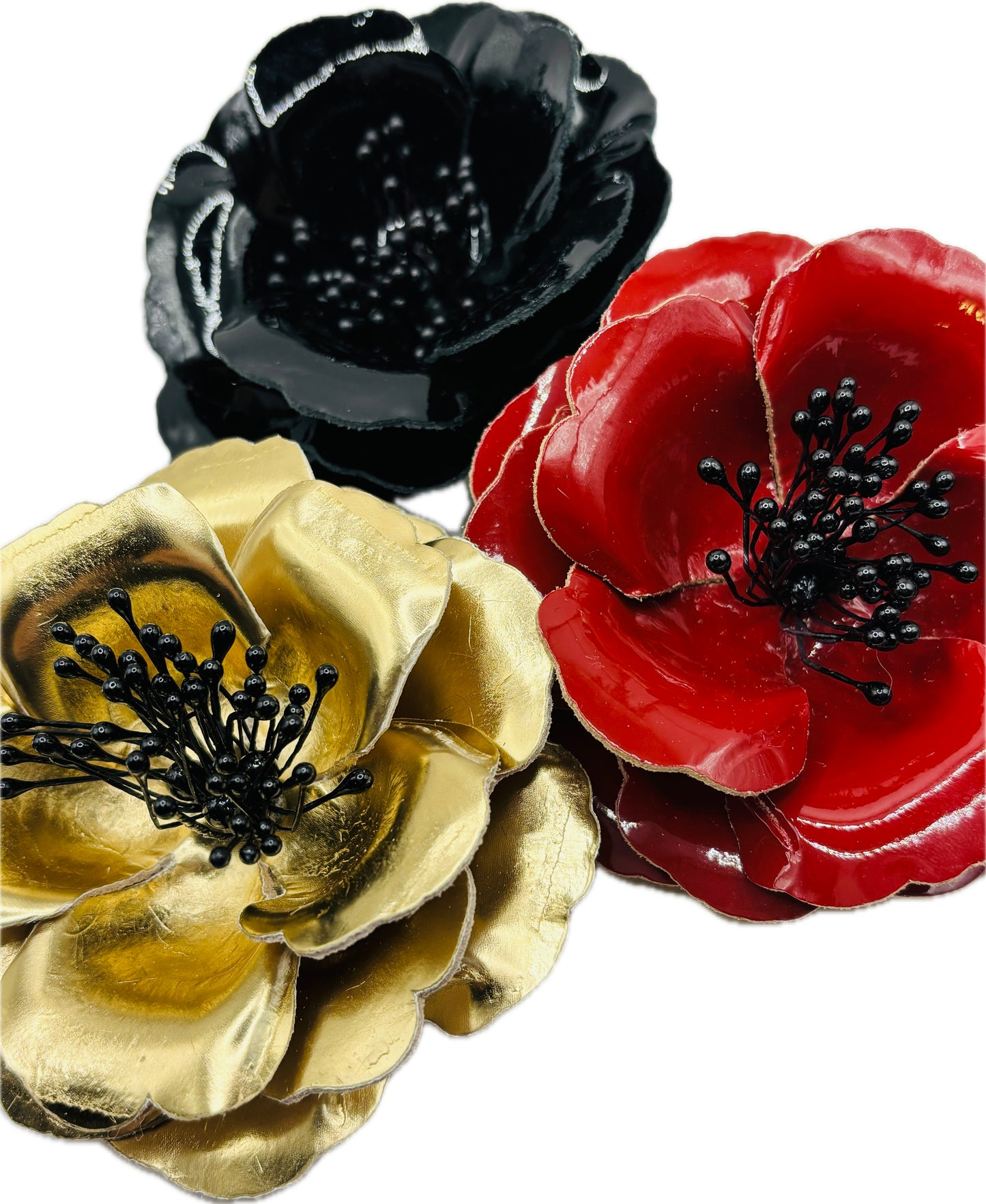 “Cecconis” Black Patent Leather Rose Brooch & Clip. 3” Made in the USA with Love