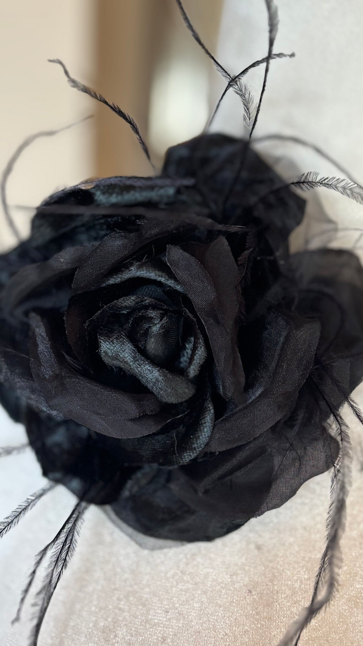St John II - Black Silk Organza and Silk Velvet Rose Pin Clip with Ostrich. Clip or Pin into your hair, wear on your lapel, dress, handbag, necklace or hat.