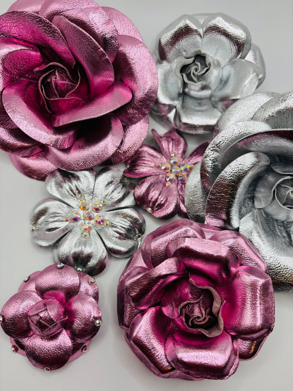Kirsten Pink Metallic Italian Leather Rose Pin & Clip, 5" – Handmade