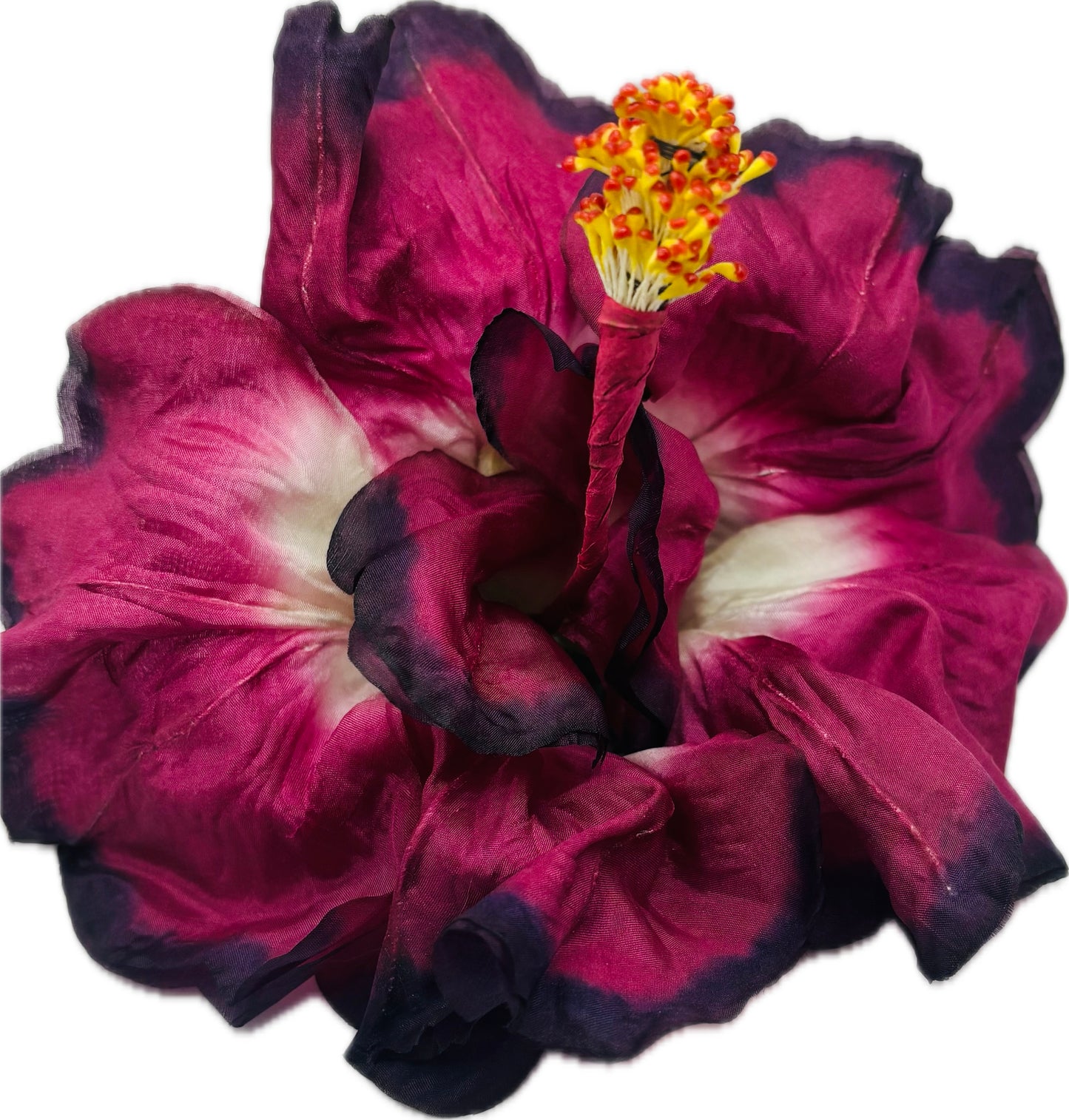 "Caterina" Vintage German Wine Silk GDR Hibiscus 6" Reimagined Mid-Century Brooch & Clip Duo. For your sundress, handbag, hat & lapel.