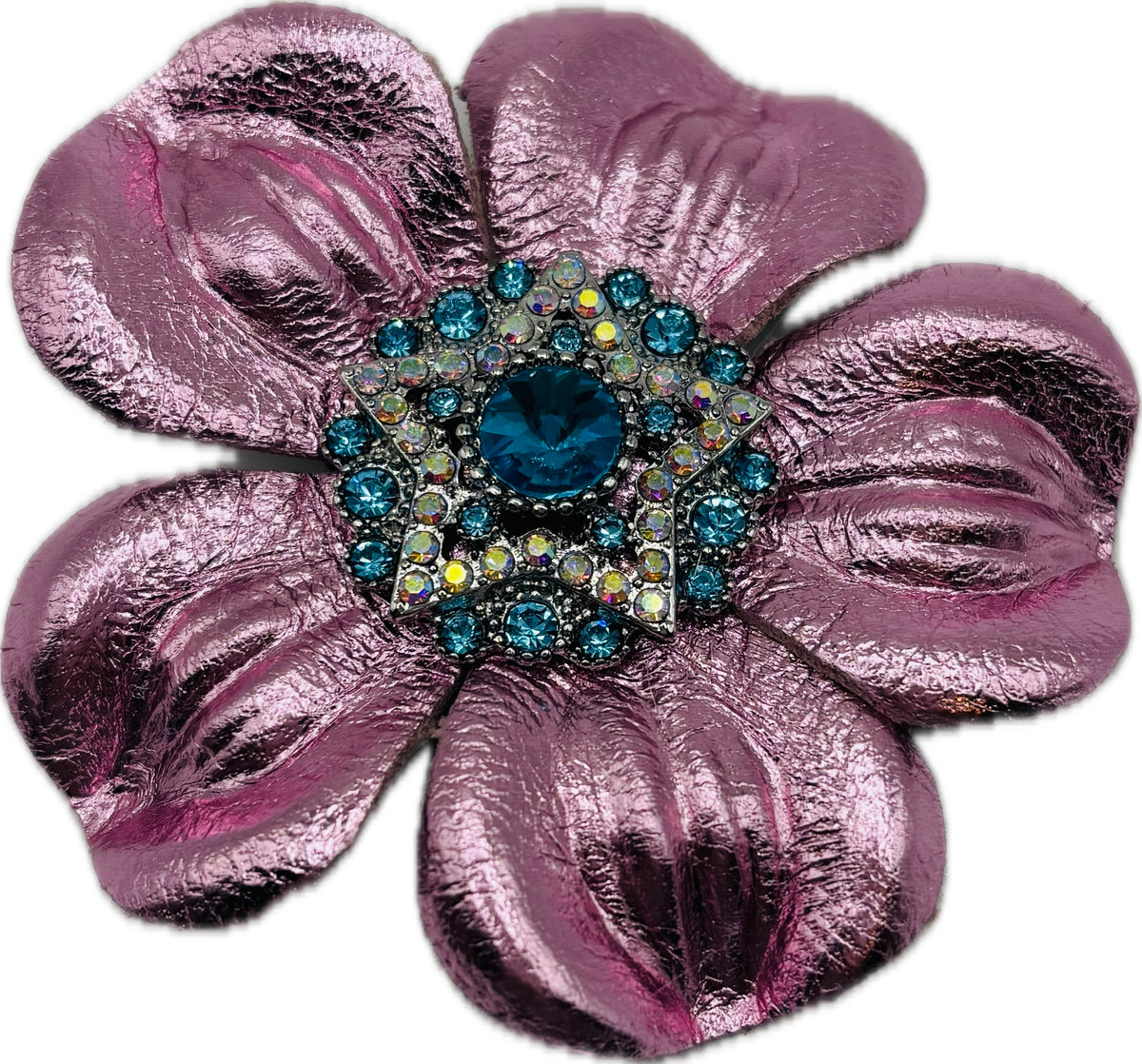 Big Sky Rodeo Glam Pink & Blue Leather Crystal Star Pin & Clip, 2 1/2"