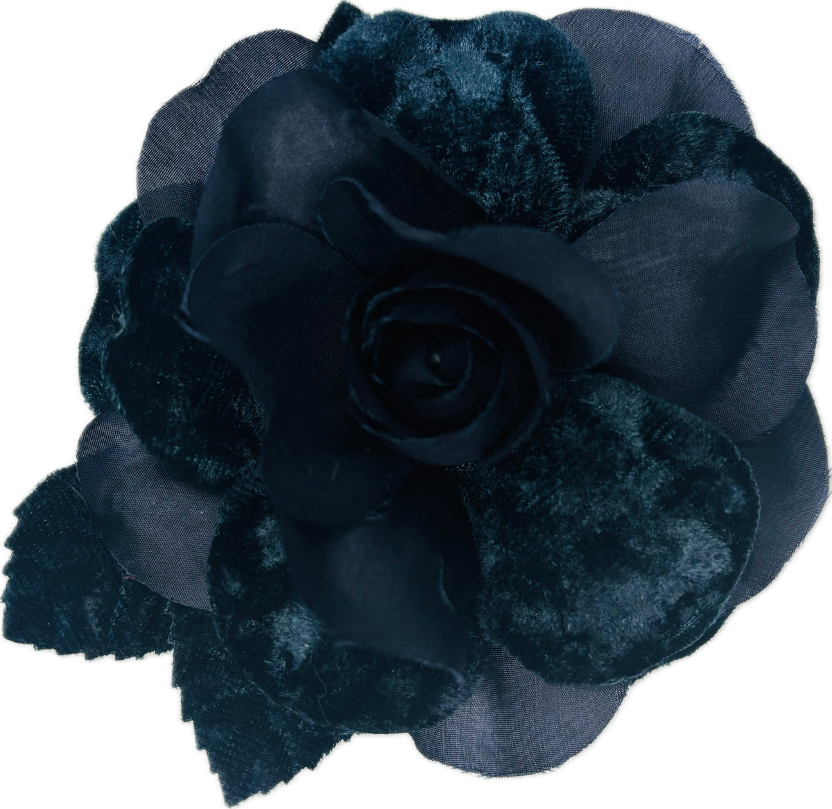 Navy Silk & Velvet Gardenia Brooch & Clip, 3.5"