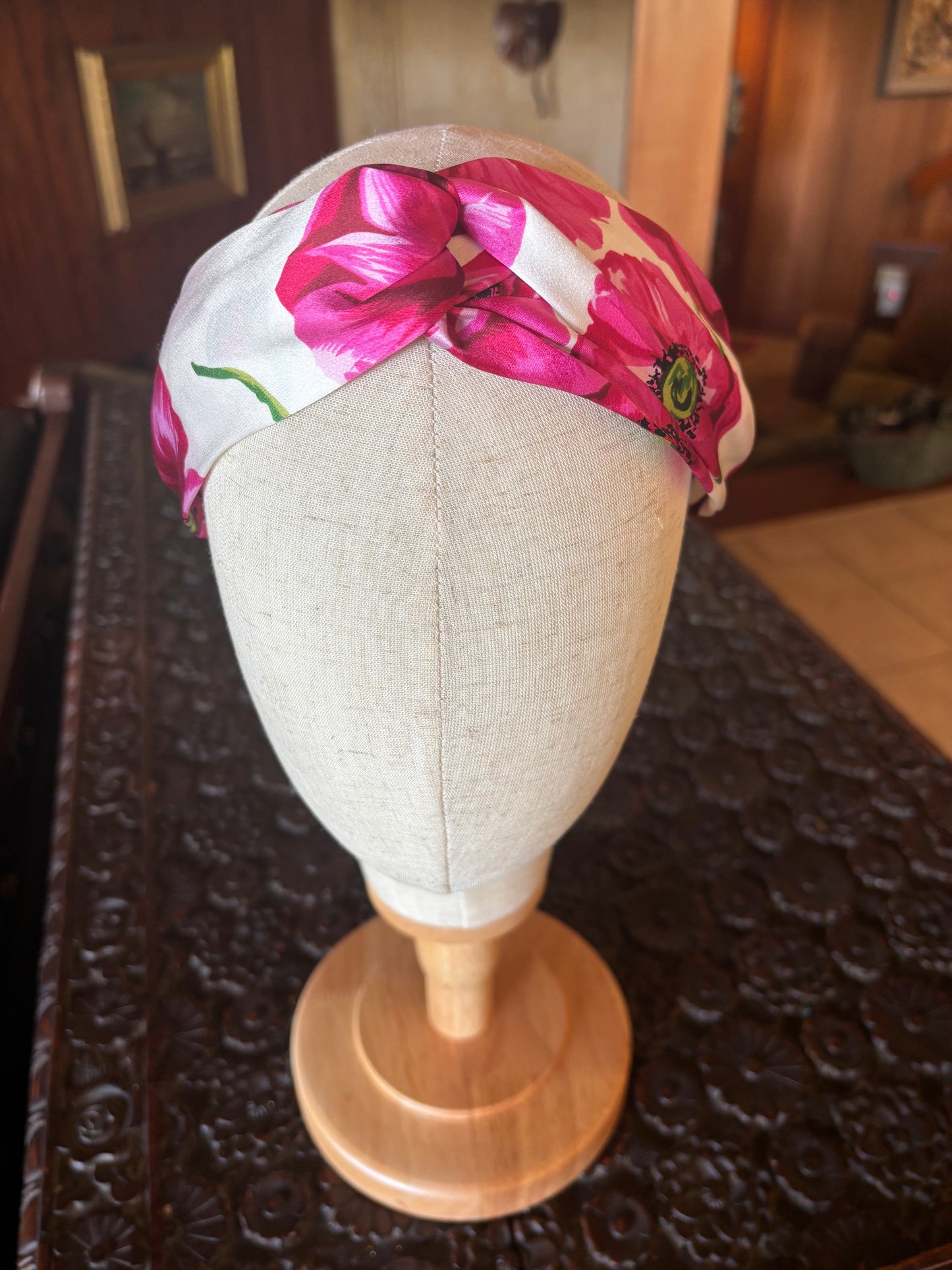 Karin's Garden Silk Poppies Interlocking Headband. Handmade in the USA. In 100% Silk Charmeuse
