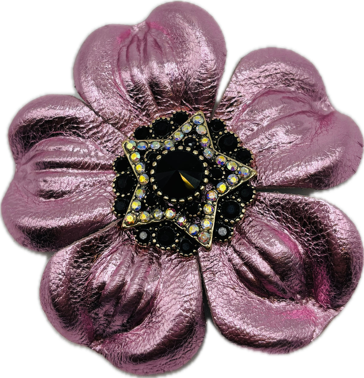 Big Sky Rodeo Glam Pink & Black Leather Crystal Star Pin & Clip, 2 1/2"