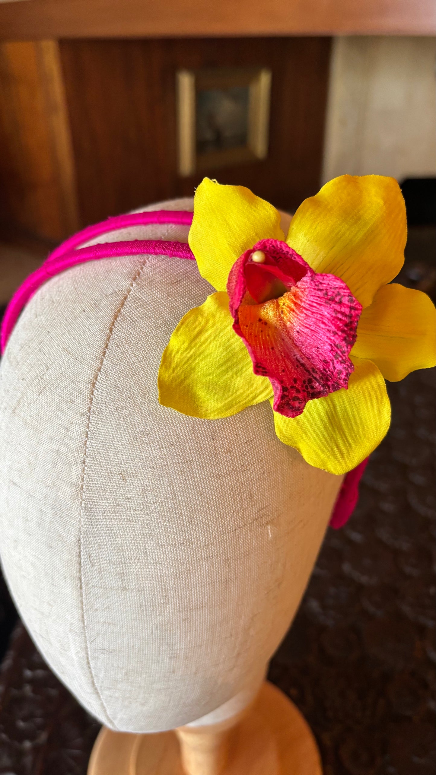 Chloe Fuchsia Silk Double Skinny Headband with Vanda Orchid