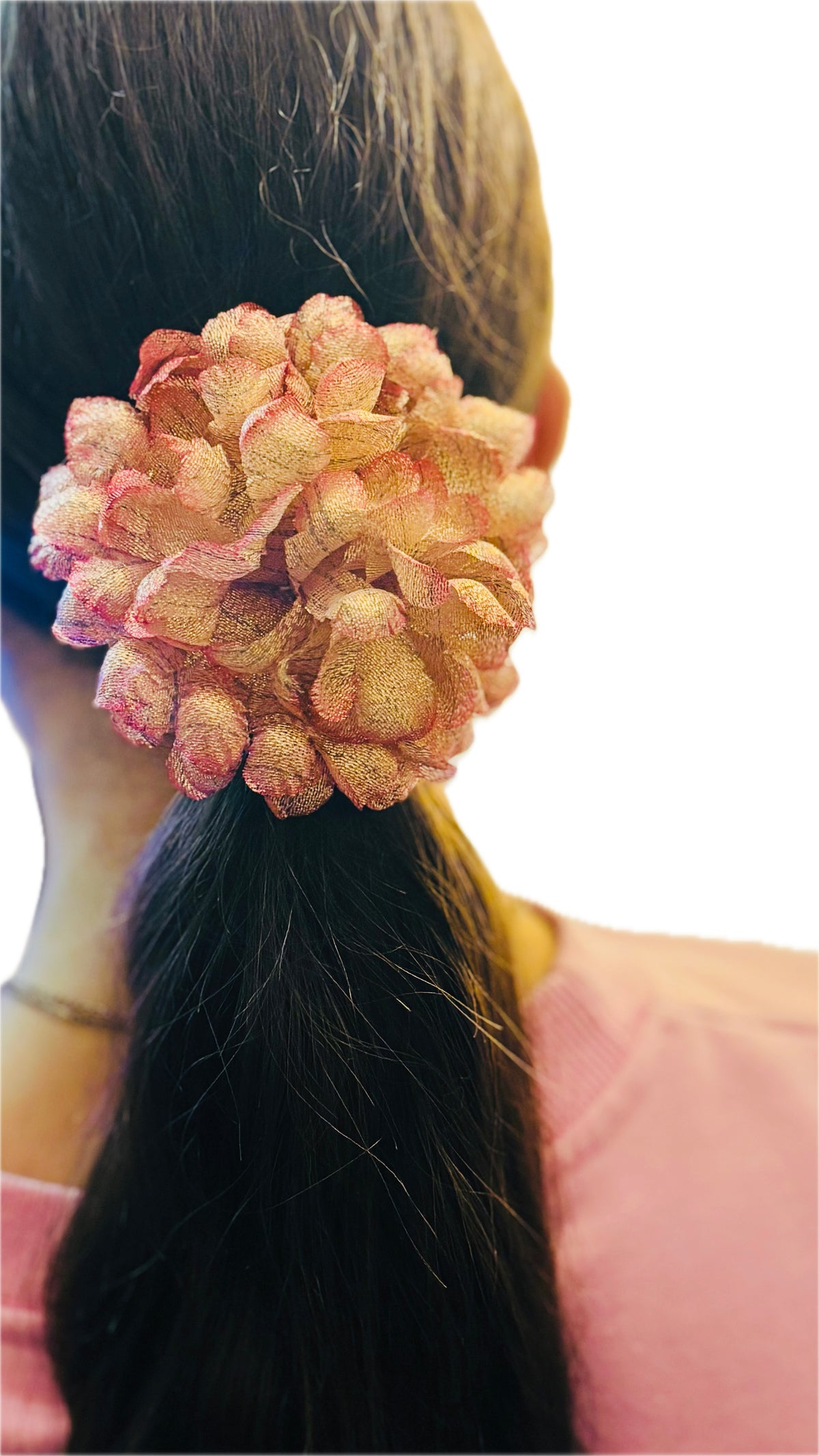 "Astrid" Silk Mum Flower Pink Gold Brooch and Clip Made in the USA. Wear in your hair, clip or pin onto lapel.