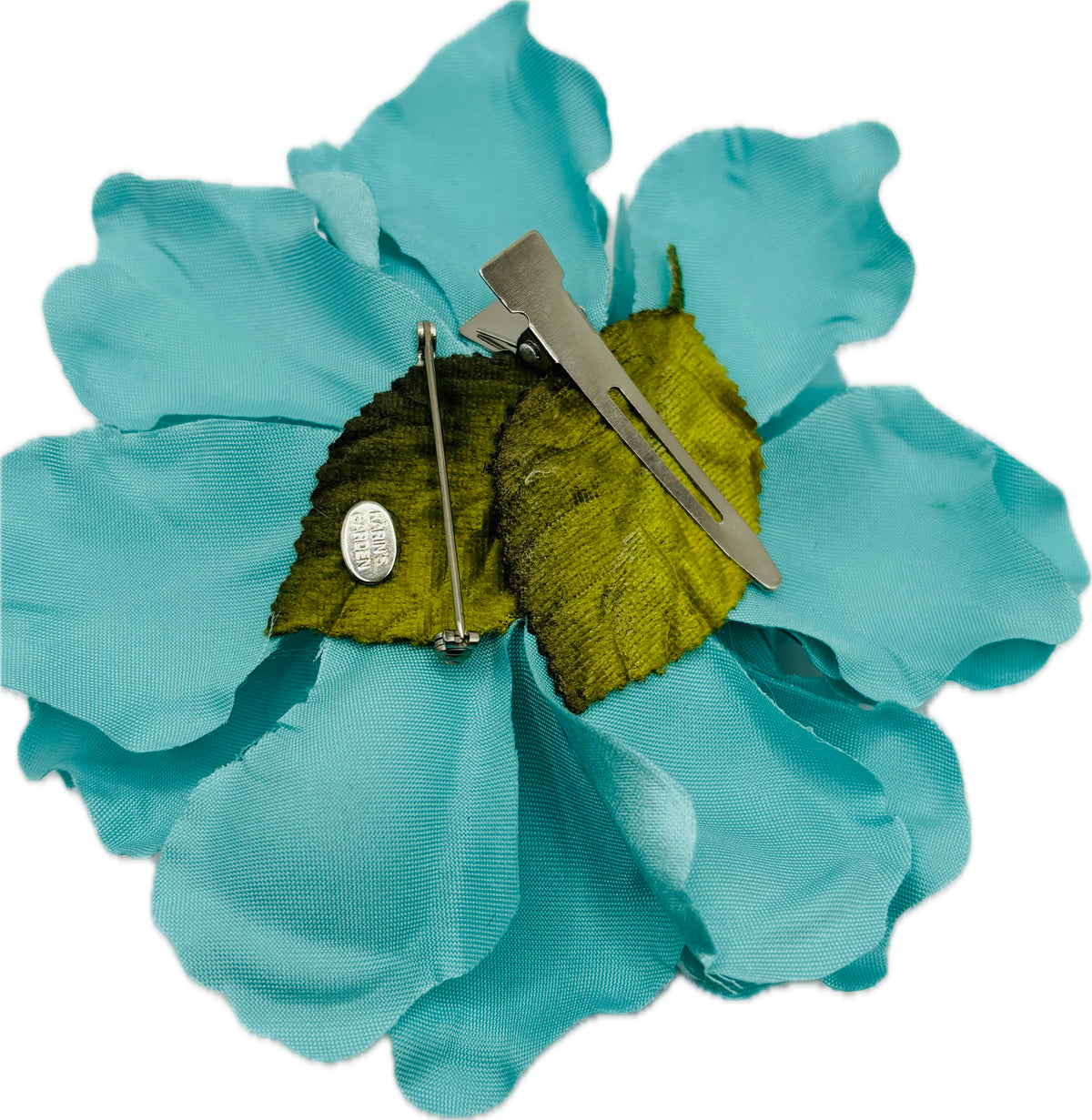 Harper Aqua Silk Satin Gardenia Brooch & Clip, 4" – Handmade