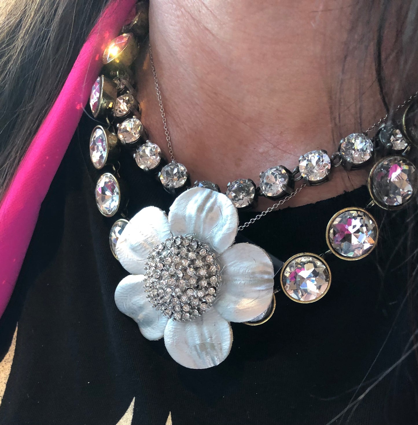 Karin's Garden 2.25" Olivia Glam Silver Leather Crystal Daisy Pin & Clip. Crystal Center