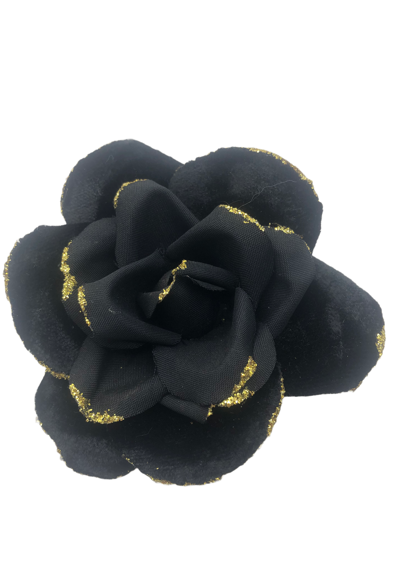 Karin's Garden 3" Mrs. Q. Glam Velvet Blend Black Metallic Edge Rose Pin Brooch Clip. Made in the USA.