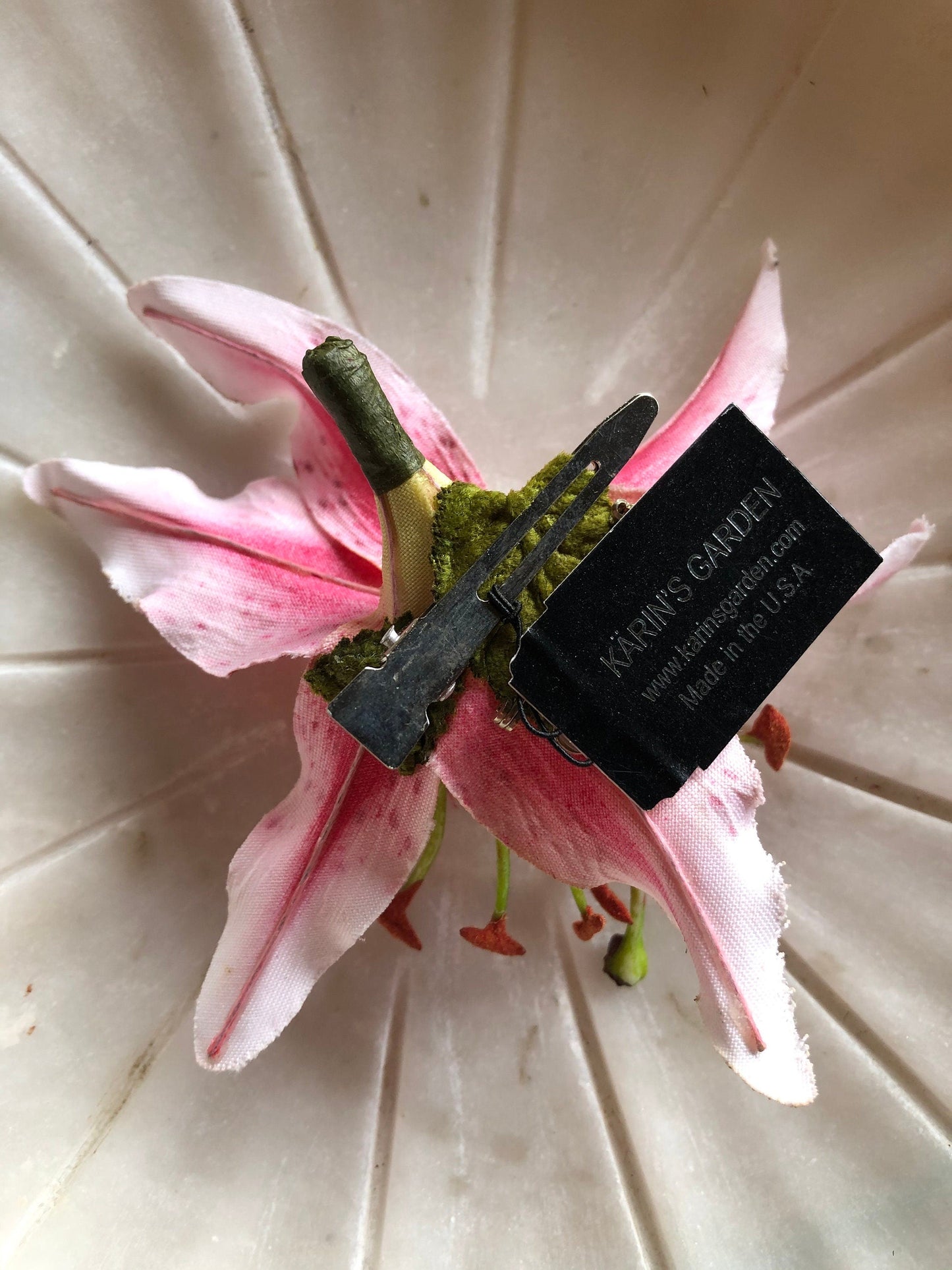 Karin's Garden Martha 3" Life like Tiger Lily pinch clip. Wear in your hair on your tropical vacation. Clip to your sundress or hat. Life like