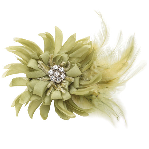 Karin's Garden 3 1/2" Moulin Pistachio Silk Feather Pin Brooch Clip.  Clip into hair or wear on lapel