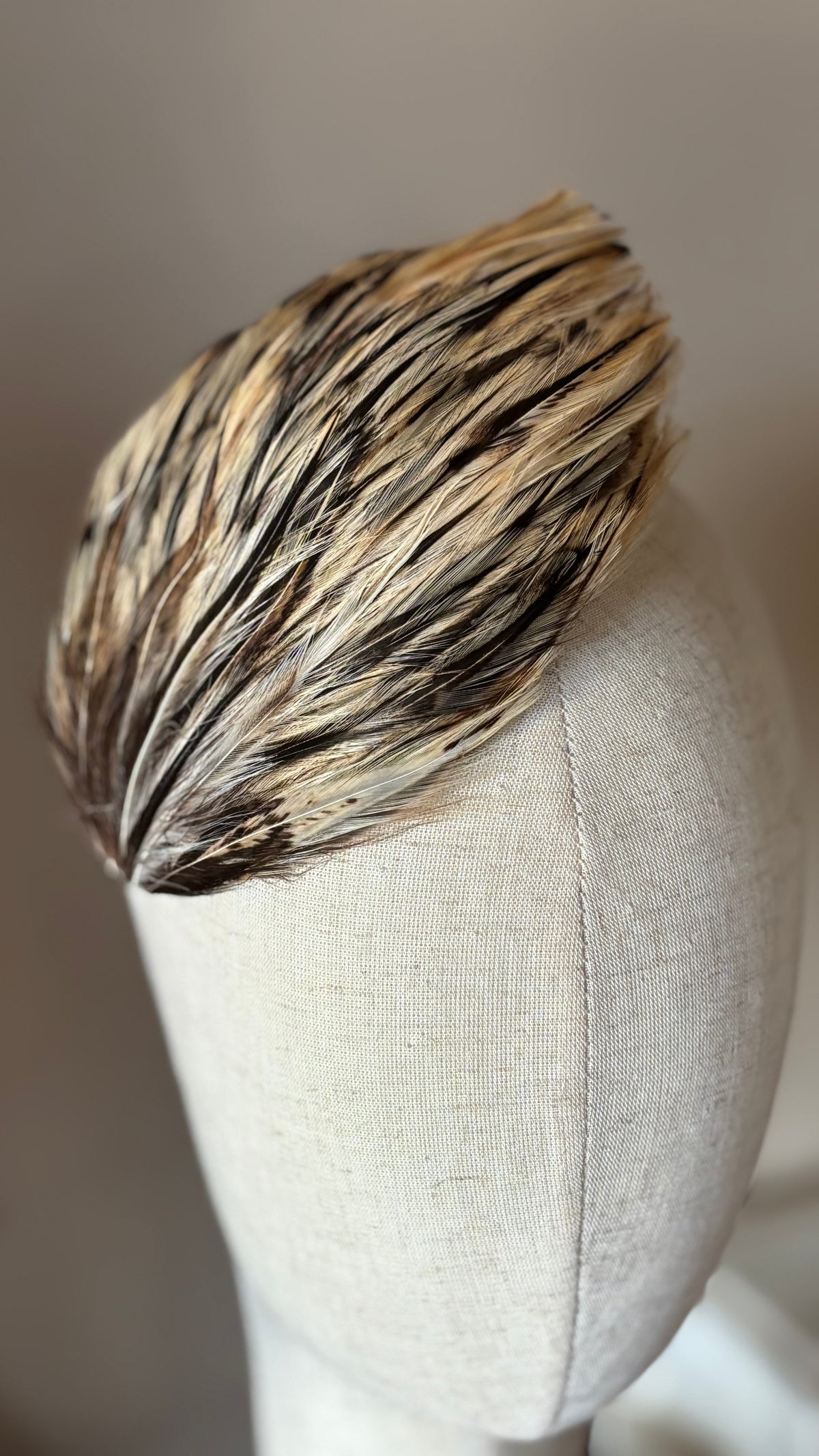 Garbo Ivory & Brown feather pin and clip on head form