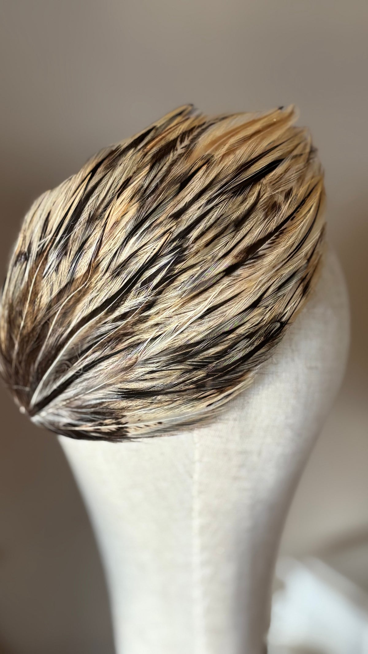 Garbo Ivory & Brown feather pin and clip close-up on head form