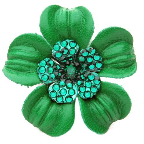 Karin's Garden 2.25" THE COCO  Petite Green Leather & Crystal Flower Pin & Clip. Made in the USA