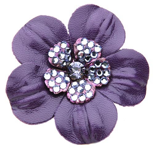 Karin's Garden 2.25" THE COCO  Petite Purple Leather & Crystal Flower Pin & Clip. Made in the USA