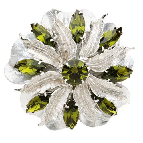 Olive & Silver Metal Crystal Leather Flower Pin & Clip, 3"
