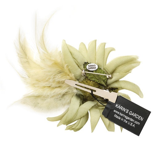Karin's Garden 3 1/2" Moulin Pistachio Silk Feather Pin Brooch Clip. Clip into hair or wear on lapel