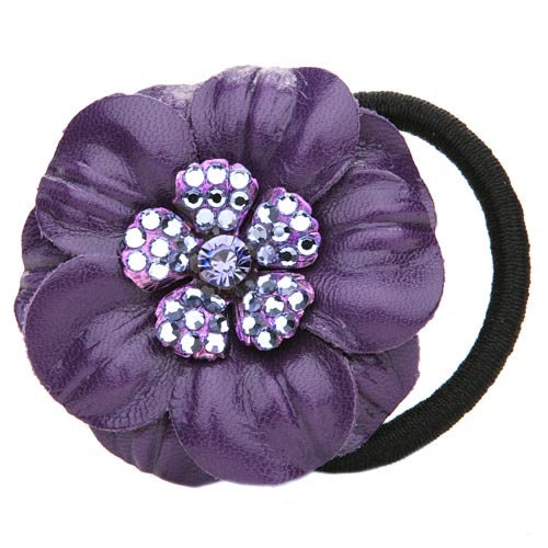 Karin's Garden 2 1/4" The COCO Purple Leather & Crystal Flower Hair Elastic Handmade in the USA
