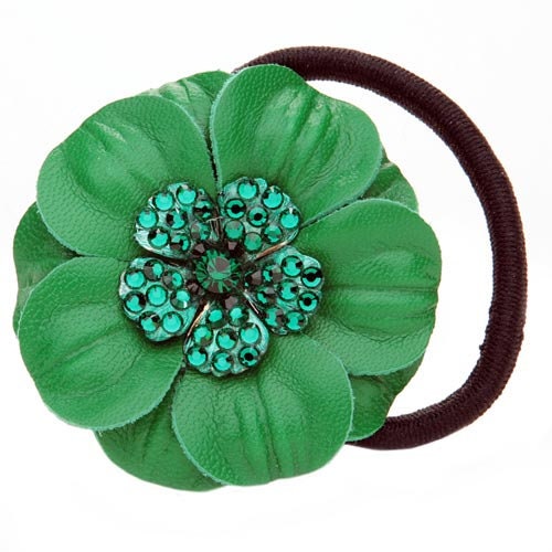 Karin's Garden 2 1/4" The COCO Green Leather & Crystal Flower Hair Elastic Handmade in the USA