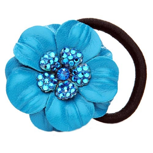 Karin's Garden 2 1/4" The COCO Turquoise Leather & Crystal Flower Hair Elastic Handmade in the USA